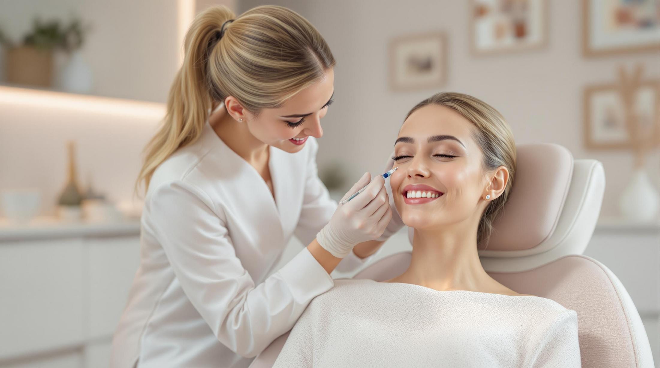 a female practitioner in a white coat carefully injecting a filler under the eye of a relaxed and happy patient in a bright modern clinic showcasing the effectiveness of under eye filler