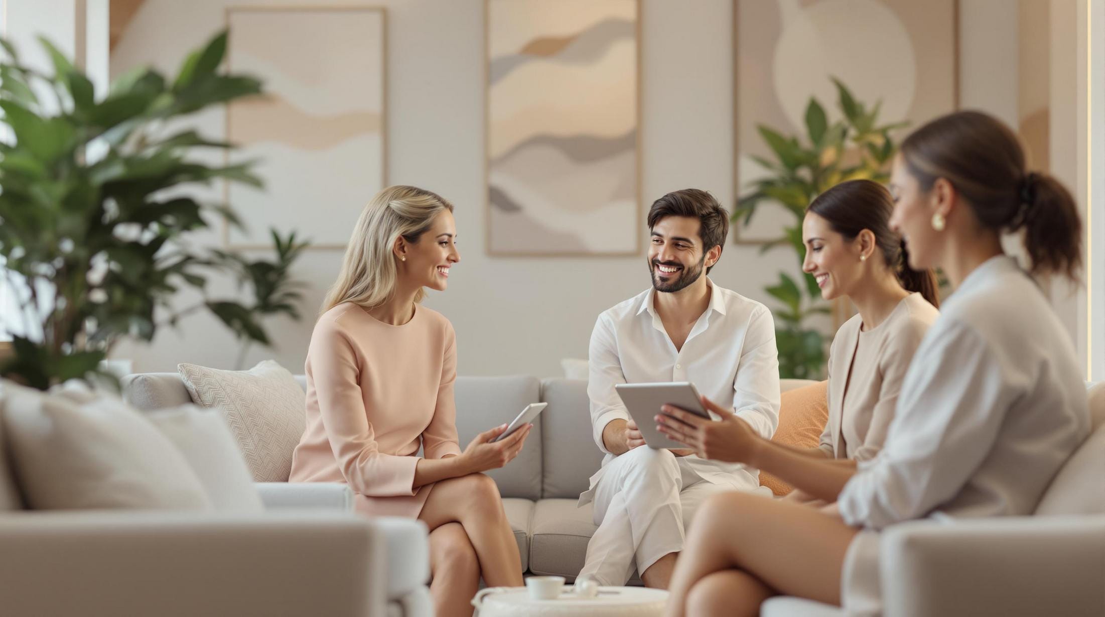 a group of stylish professionals engaged in a discussion in a modern aesthetic focused lounge space highlighting the trend of tweakments in the beauty industry
