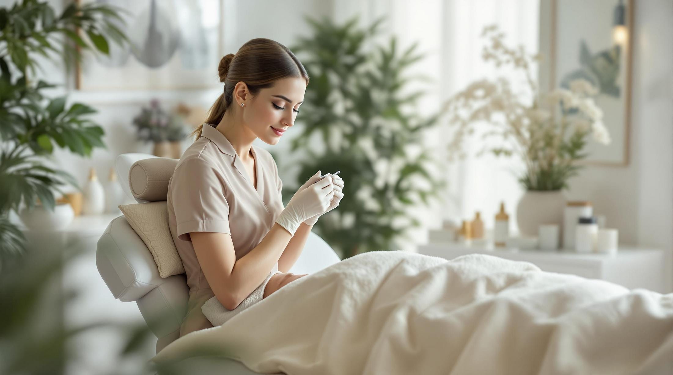 a skincare specialist in a serene spa setting preparing for a treatment with a calm and professional demeanor highlighting the importance of when should you start anti aging treatments