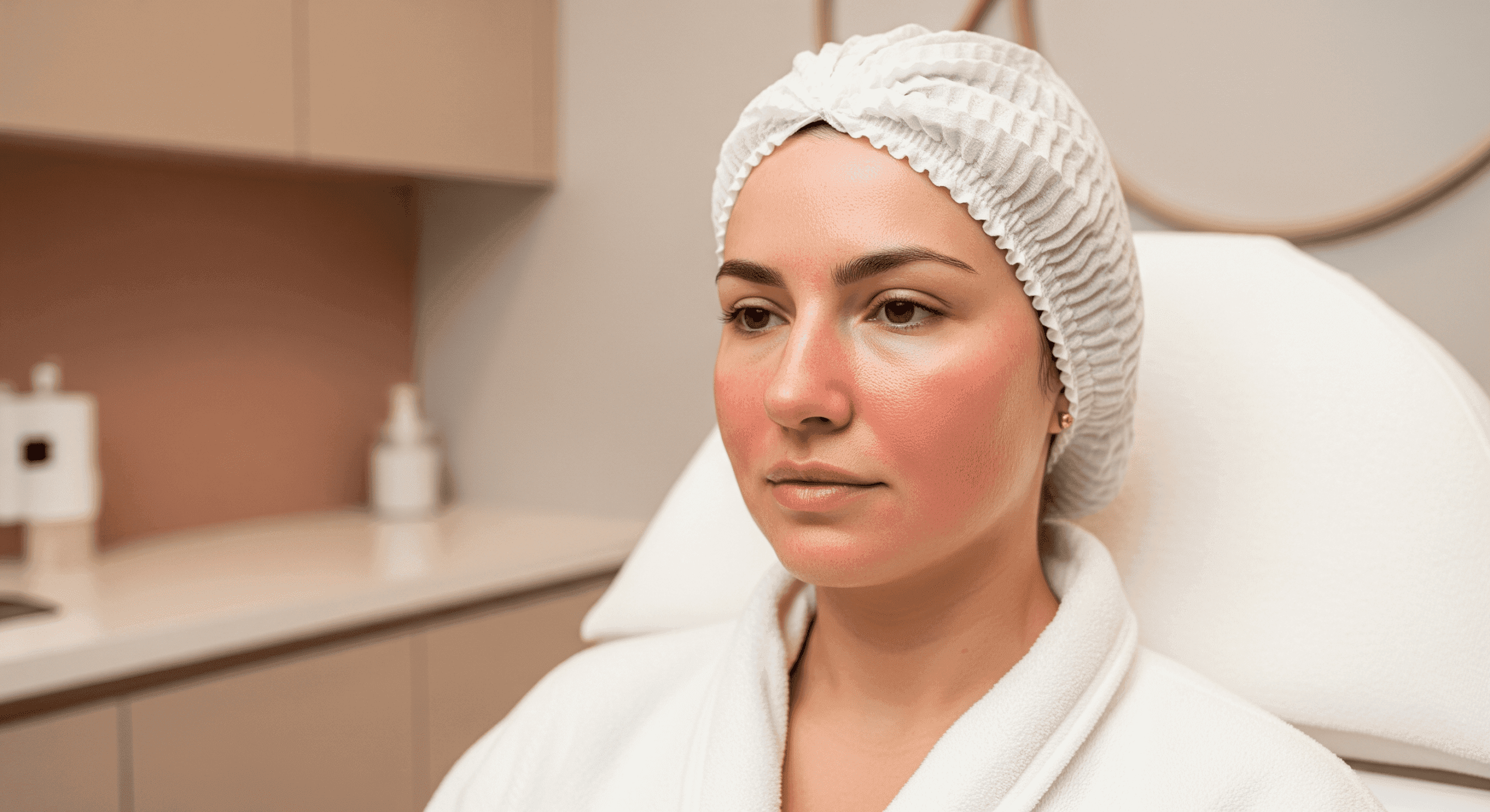 patient seated in a treatment chair showing mild facial redness following a professional skincare procedure.