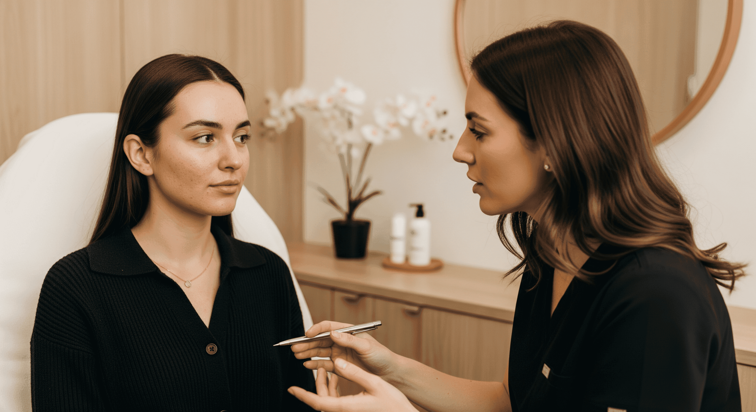 aesthetic provider discussing acne concerns with patient during skin analysis.