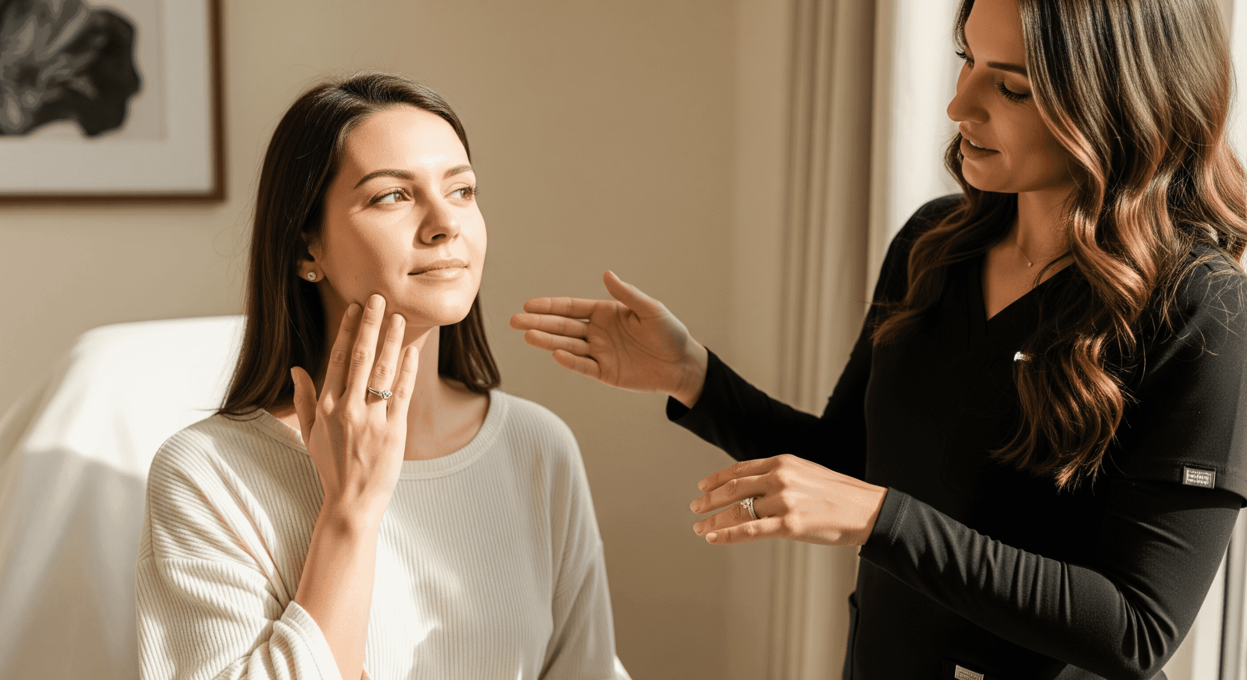 aesthetic provider conducting a personalized facial skin consultation with a patient in a bright treatment room.