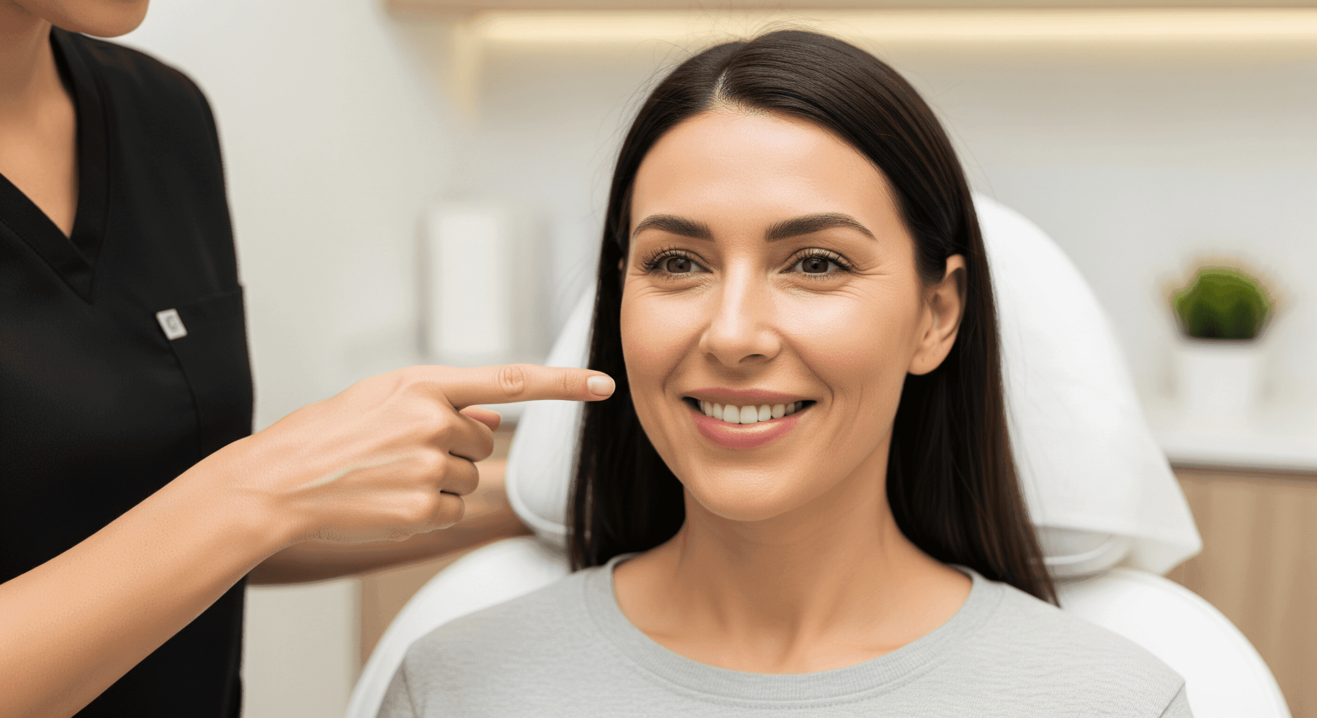 patient smiling after facial aesthetic treatment while provider points out results.
