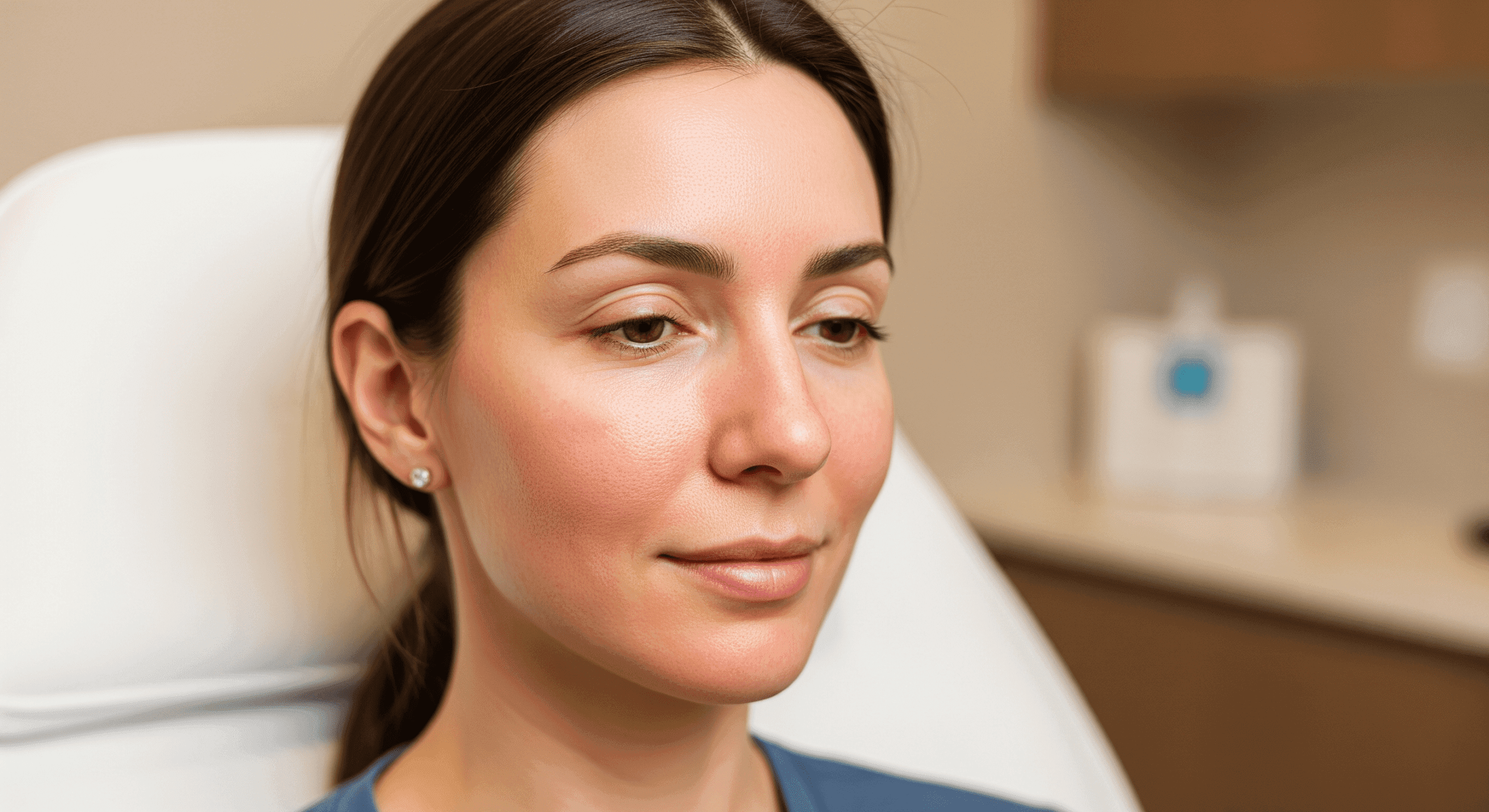 close-up of patient’s smooth, healthy facial skin after aesthetic treatment.