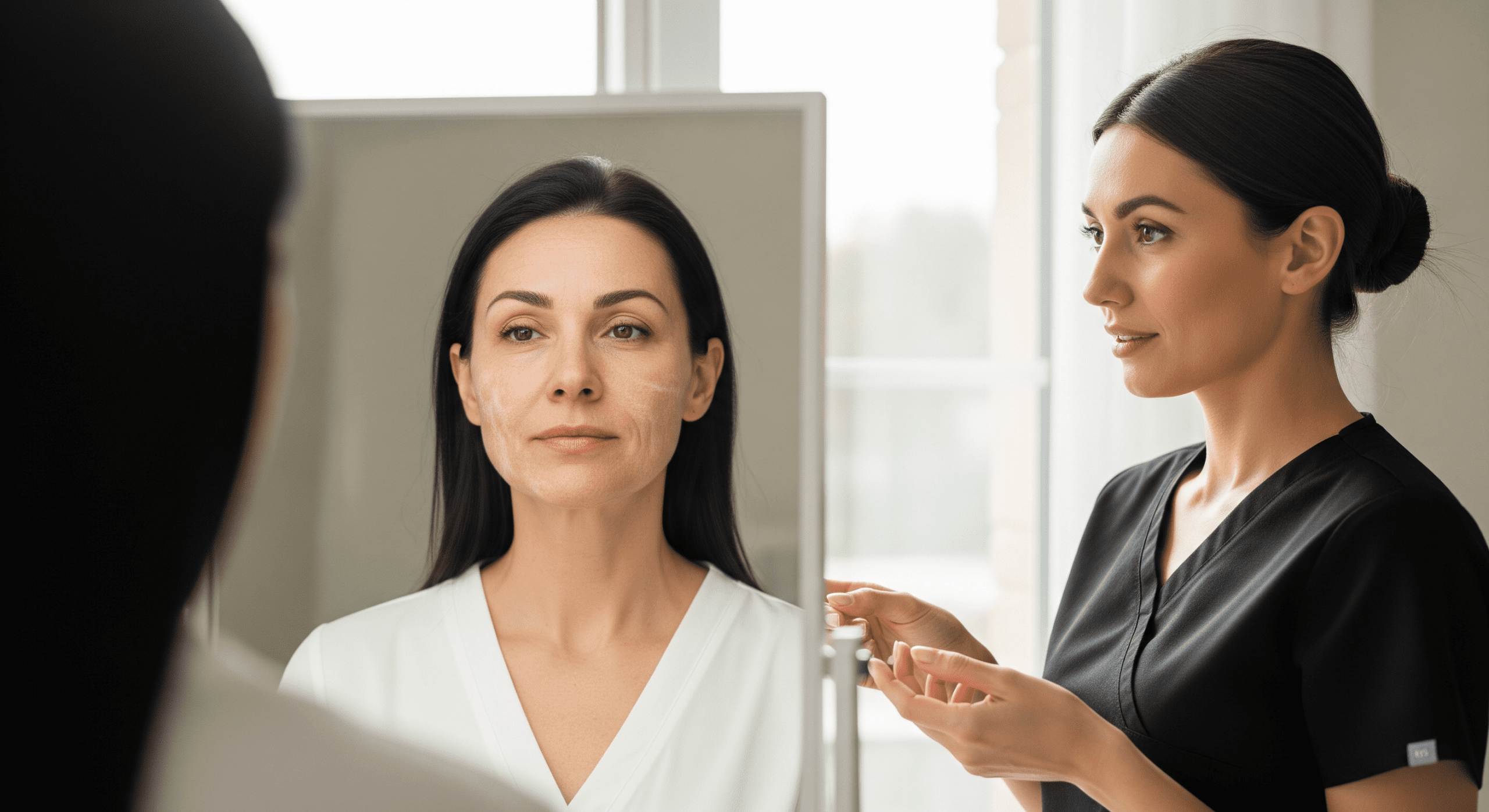patient reviewing facial skin in a mirror during an aesthetic consultation.