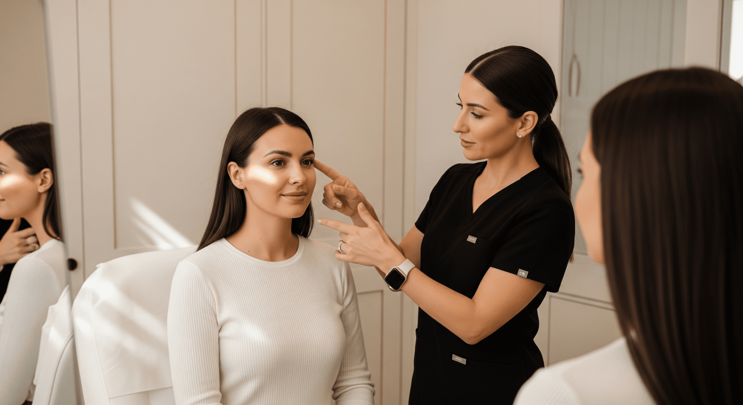 aesthetic provider assessing under-eye and cheek area during facial consultation.