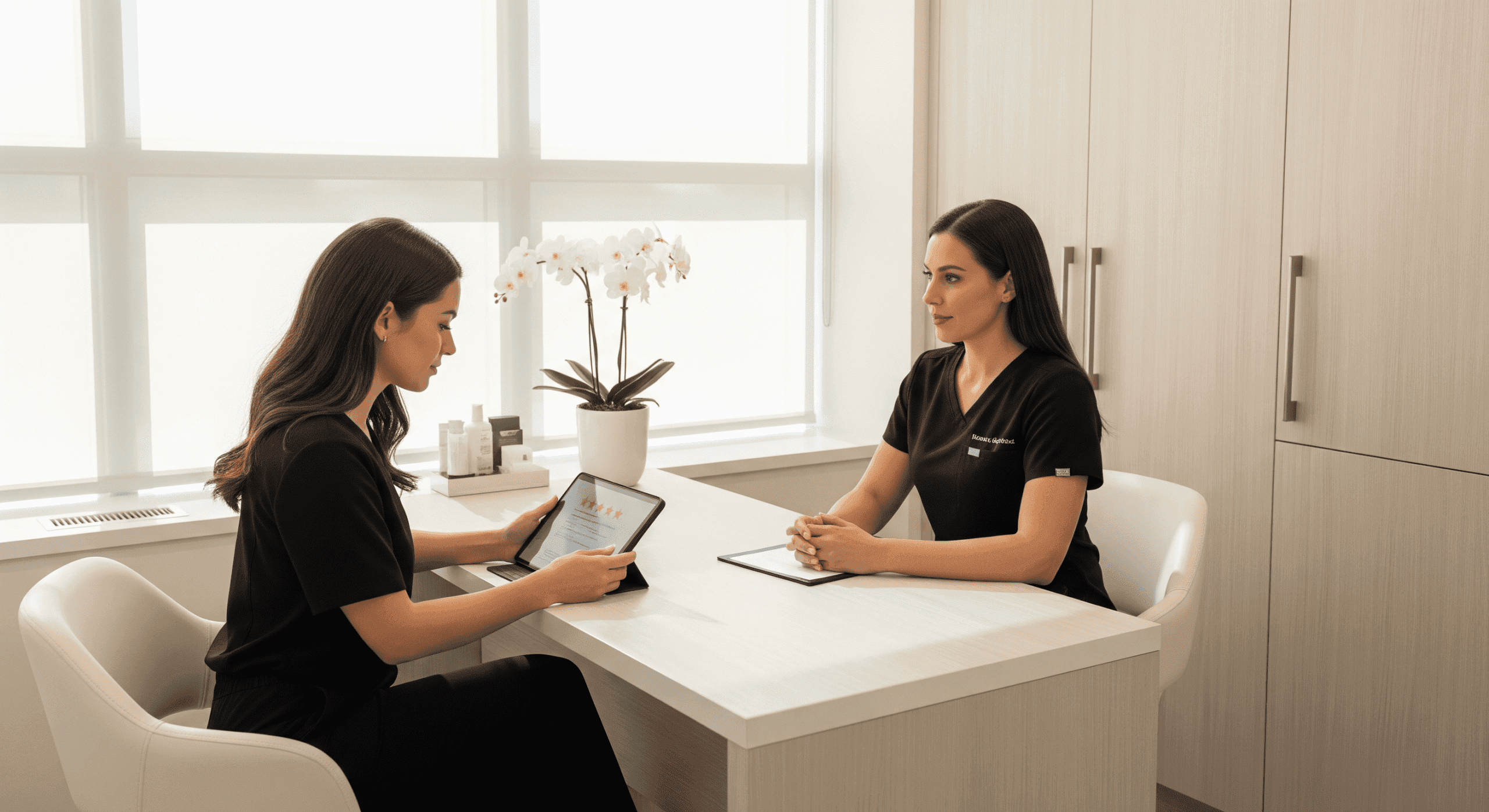 aesthetic provider reviewing treatment information with a patient on a tablet