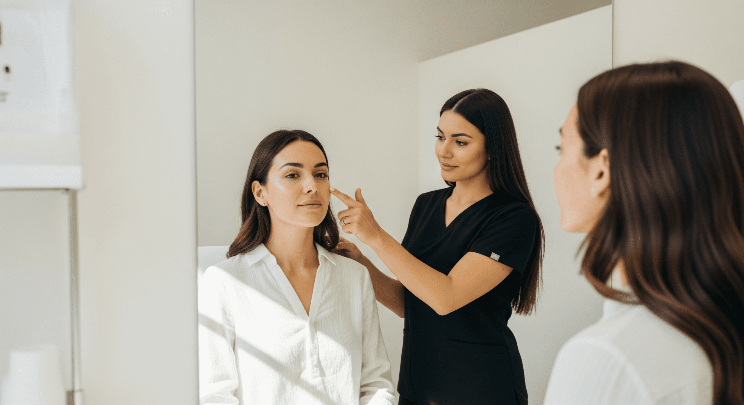 injector pointing to facial areas while patient reviews skin in a mirror