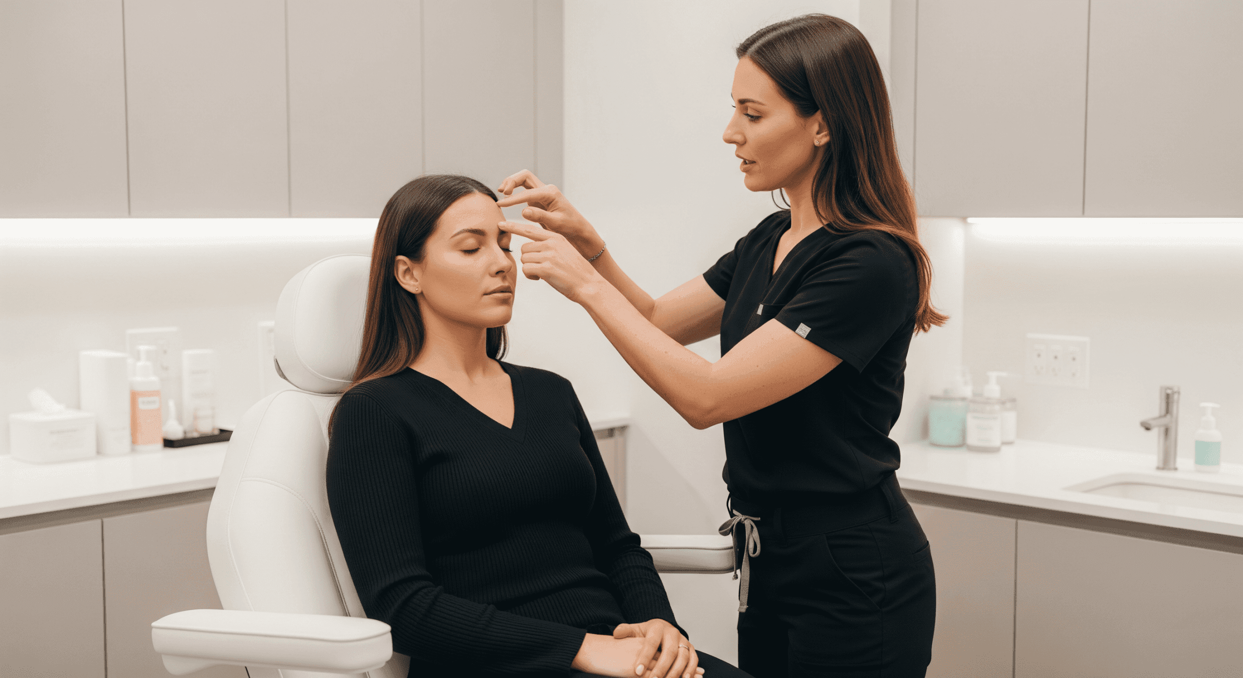 injector assessing a patient’s forehead during a cosmetic injectable consultation