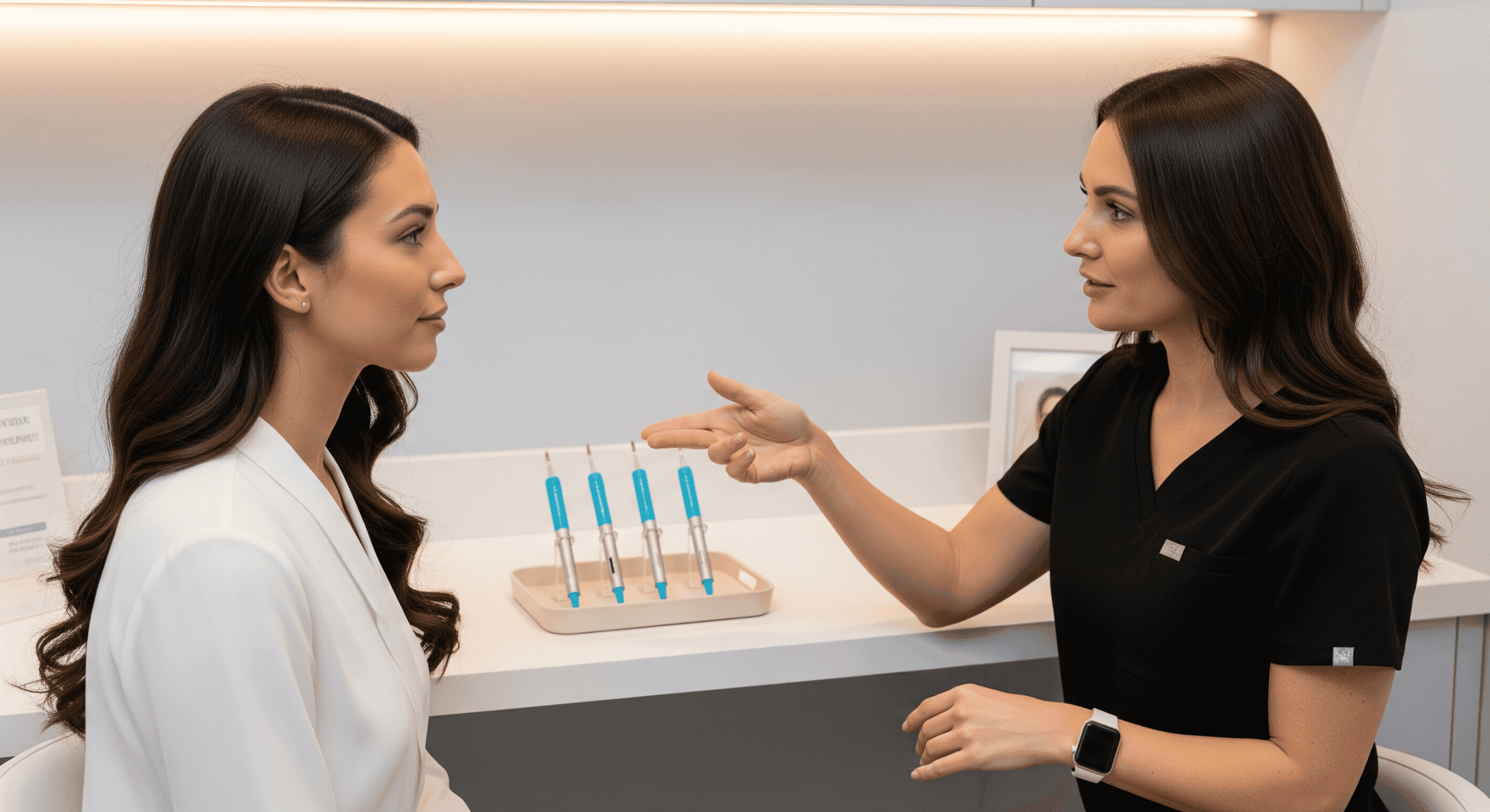 injector discussing treatment plan with patient beside prepared cosmetic syringes