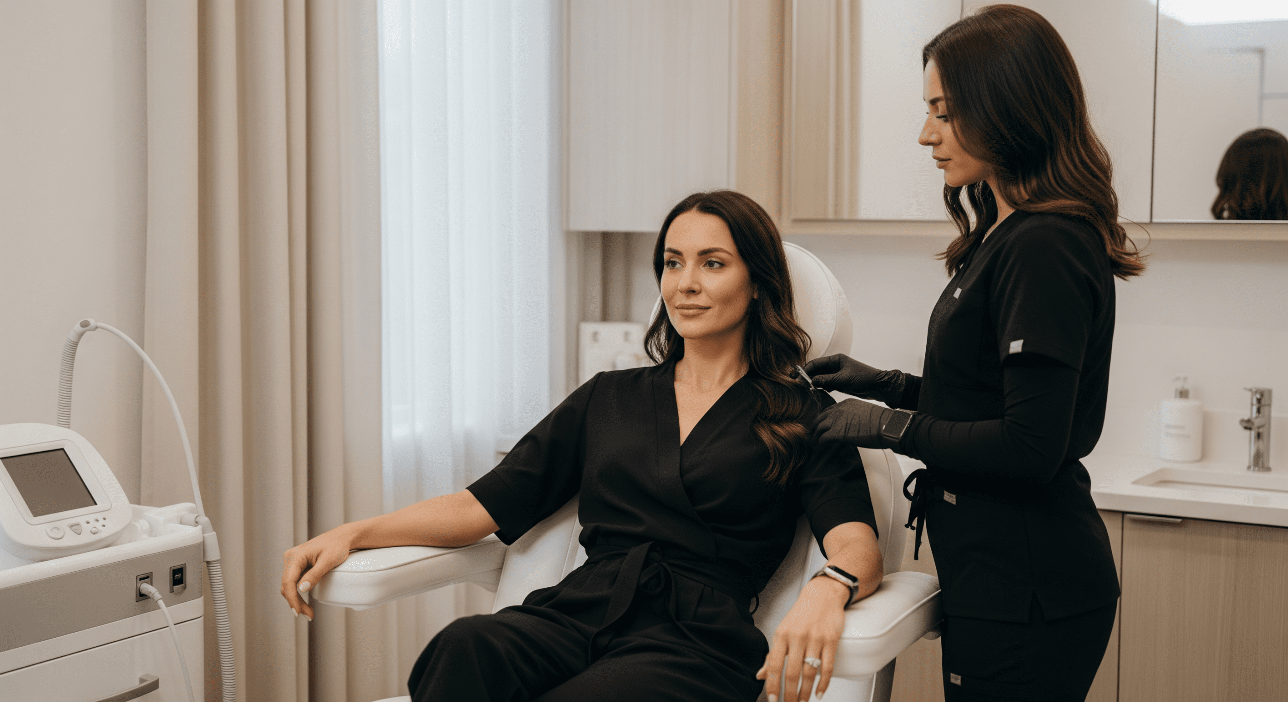 patient seated comfortably while injector prepares for cosmetic treatment