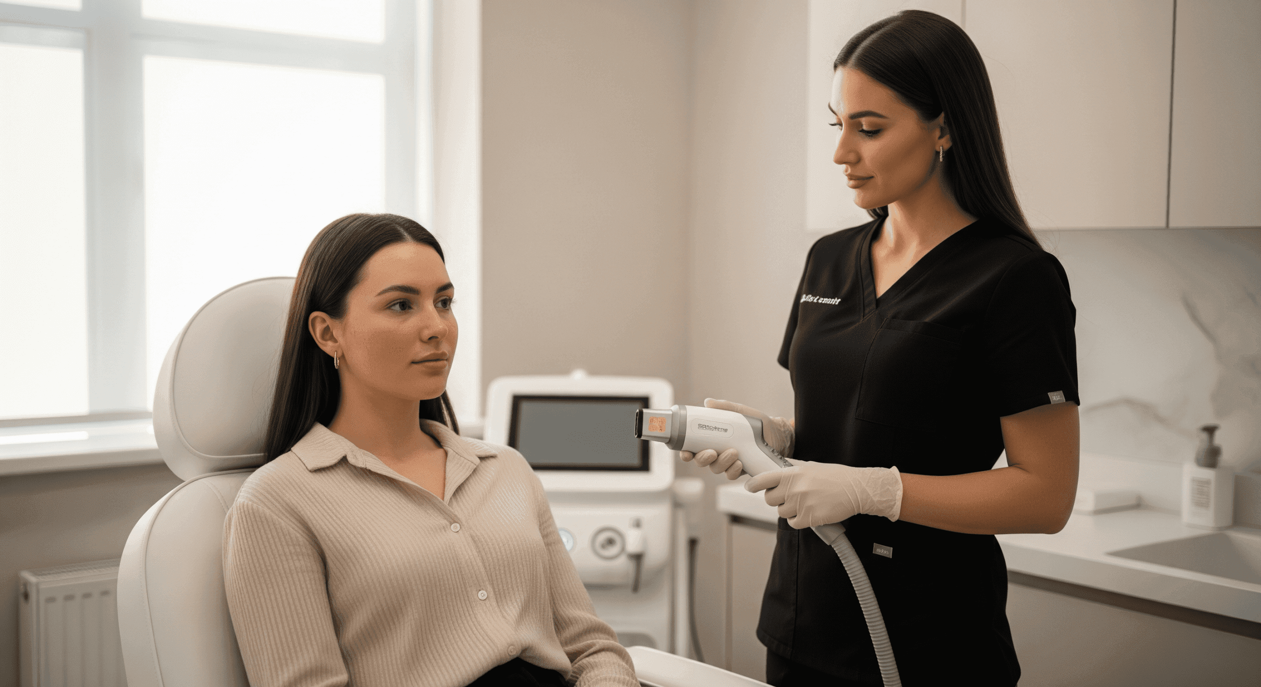 aesthetic provider holding a laser device while patient sits ready for treatment