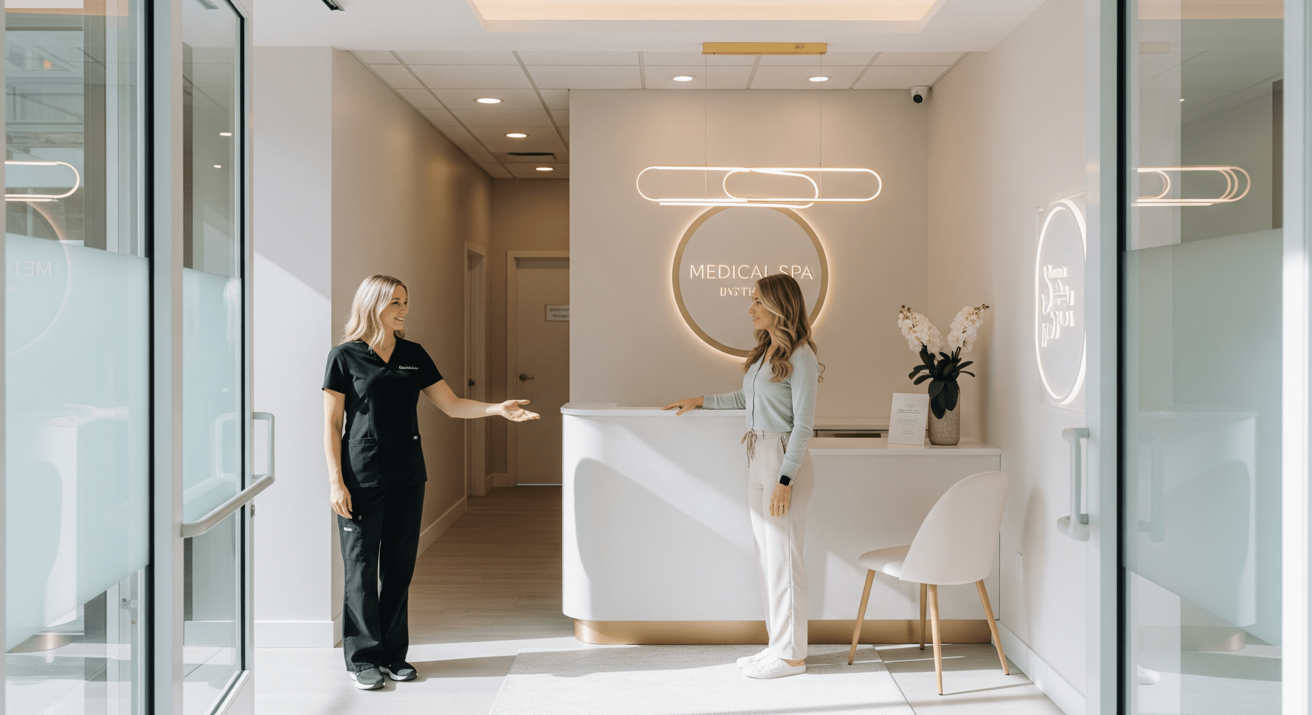 medical spa provider welcoming a patient at the front desk reception area