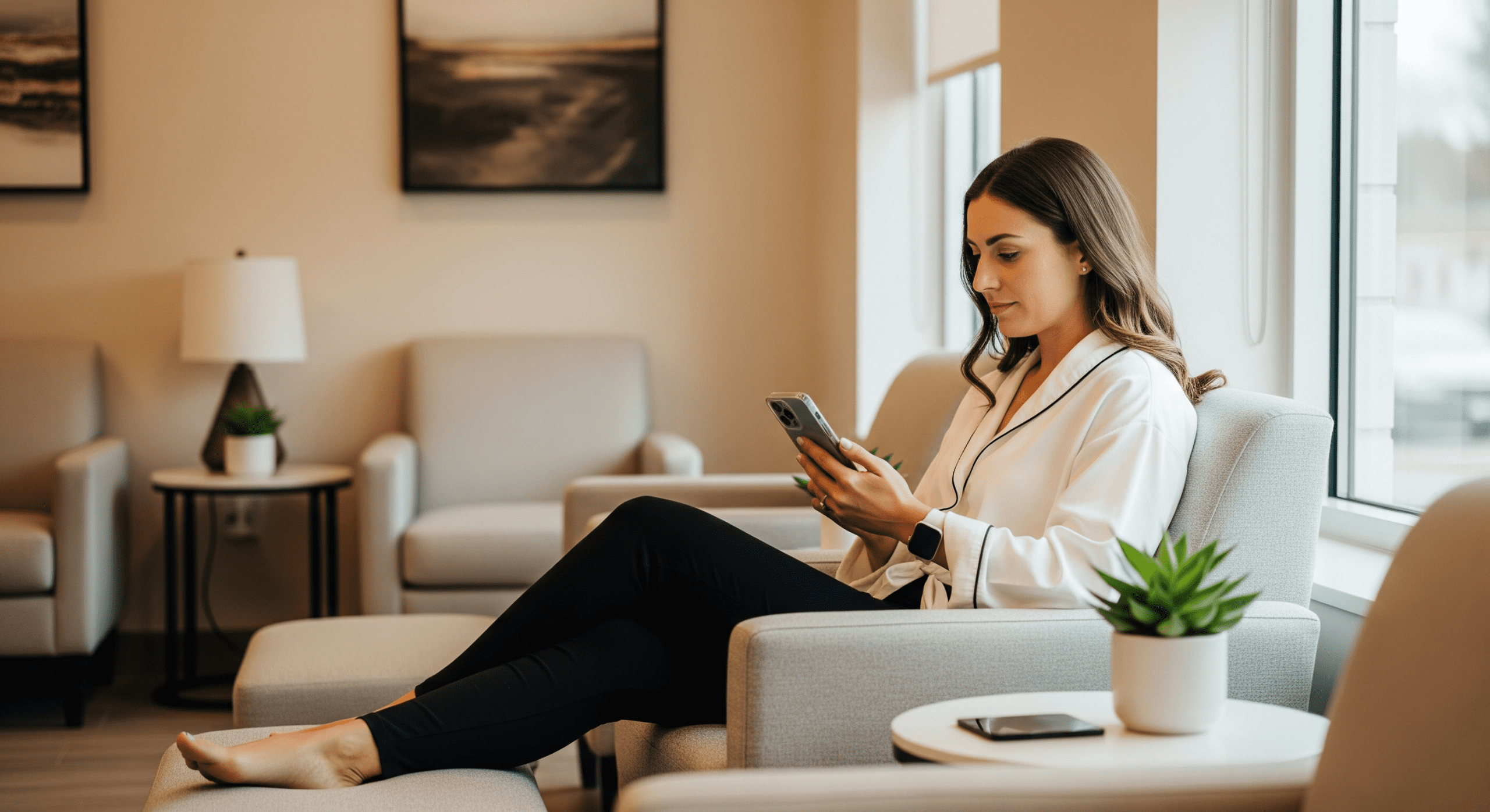patient relaxing in a med spa lounge while waiting for aesthetic treatment