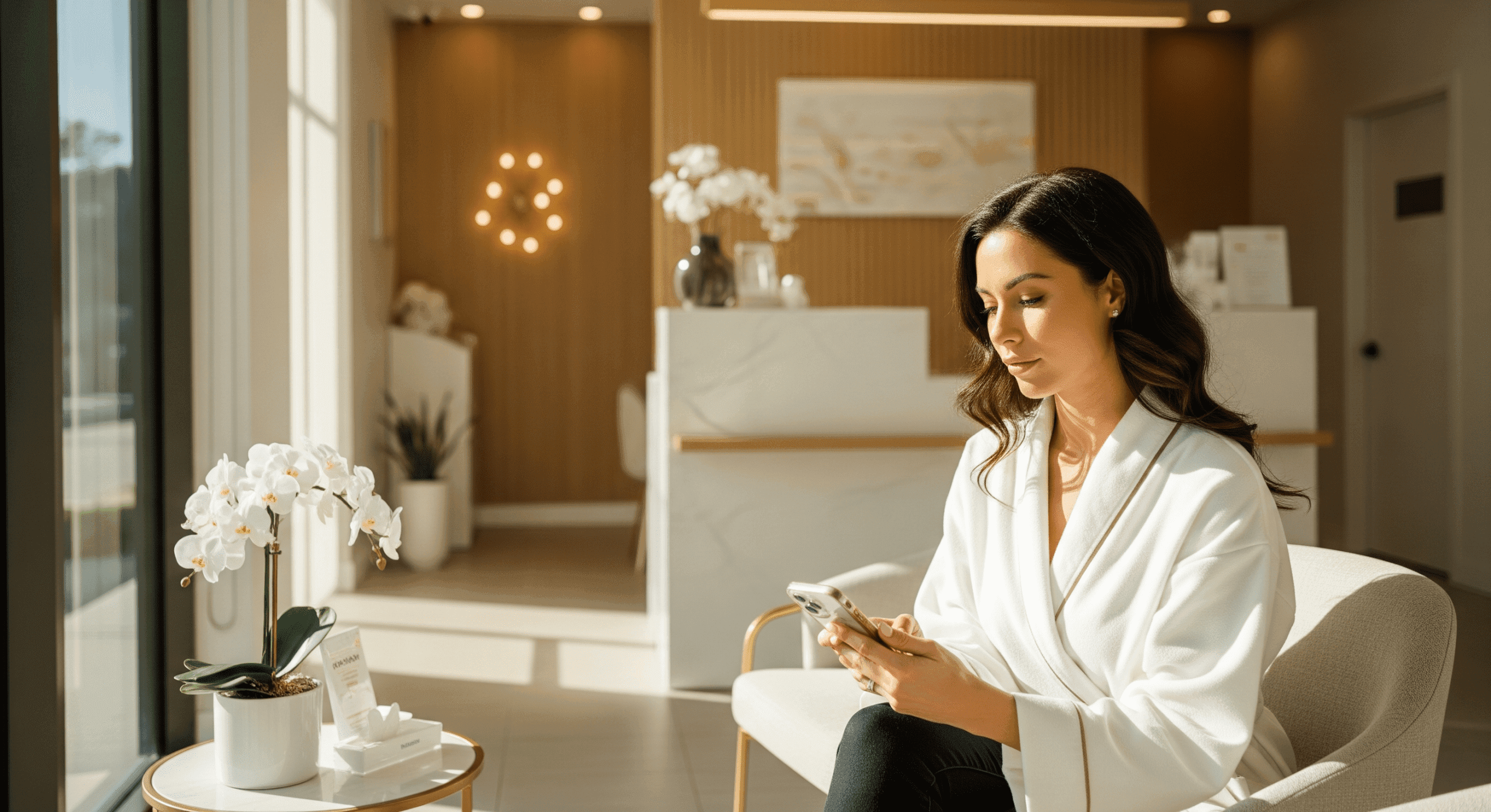 patient relaxing in a medical spa waiting area while using her phone before treatment