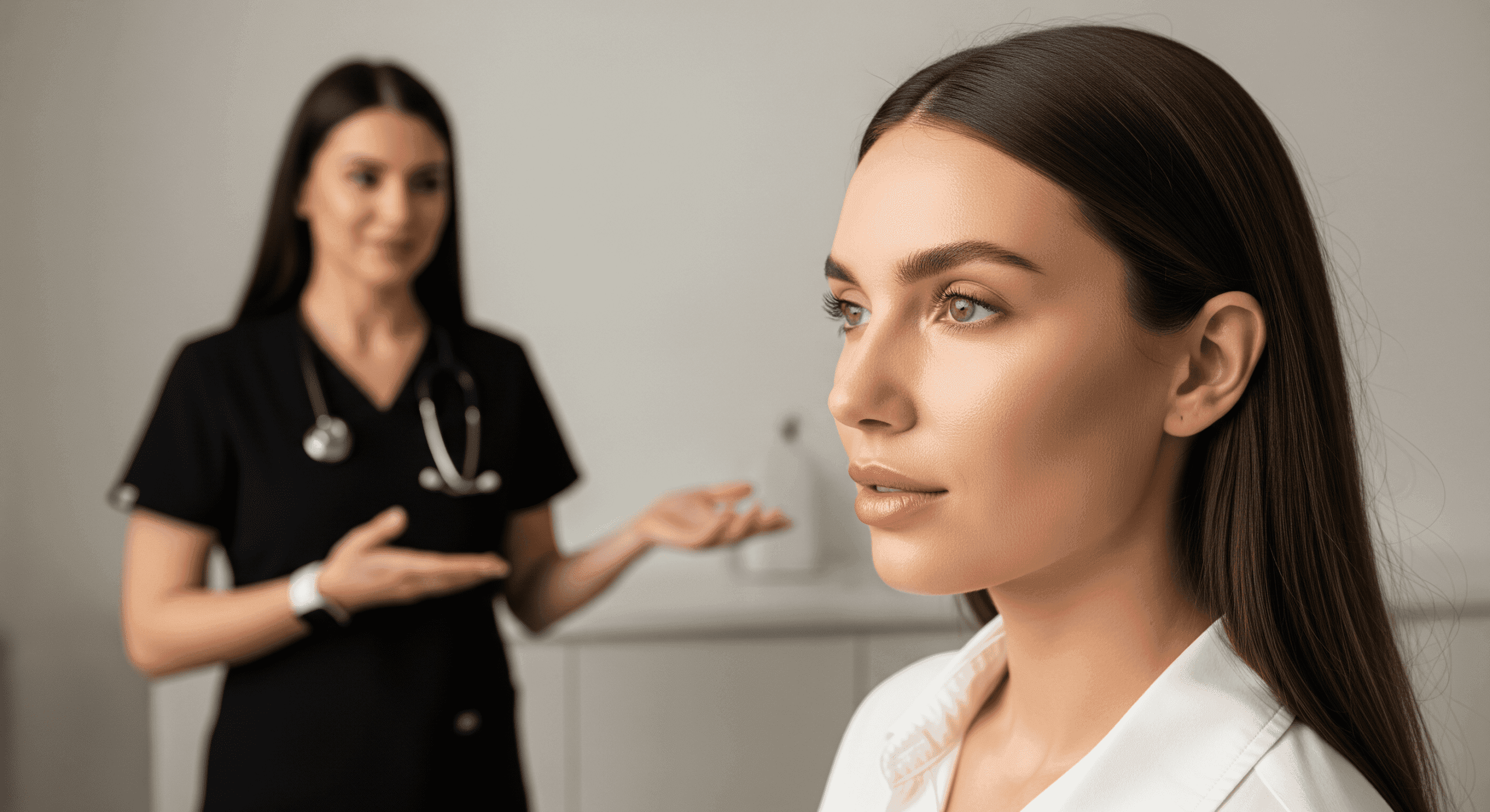 close-up of patient’s face during an aesthetic consultation with provider in background