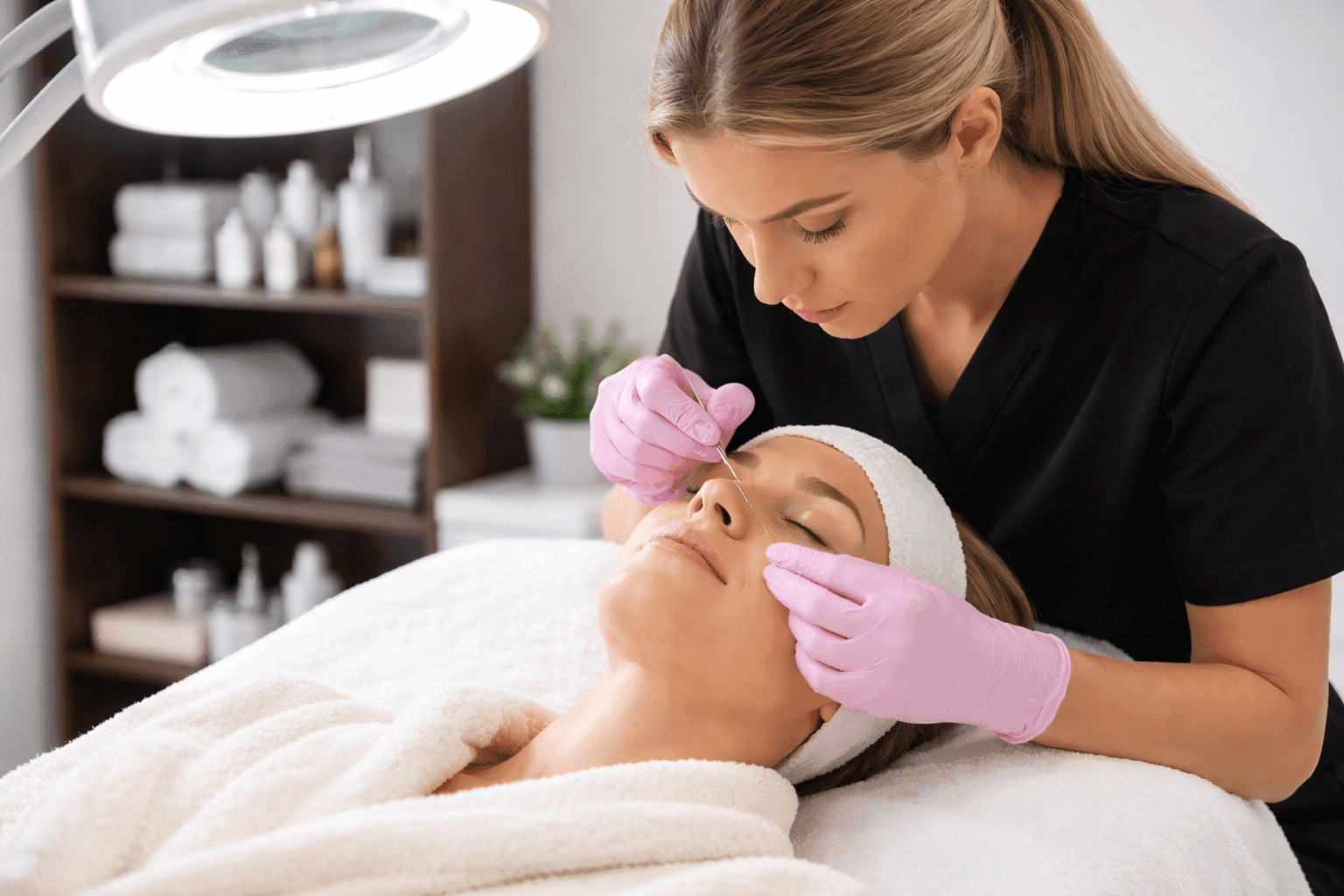 provider performing laser skin treatment with protective eyewear on patient