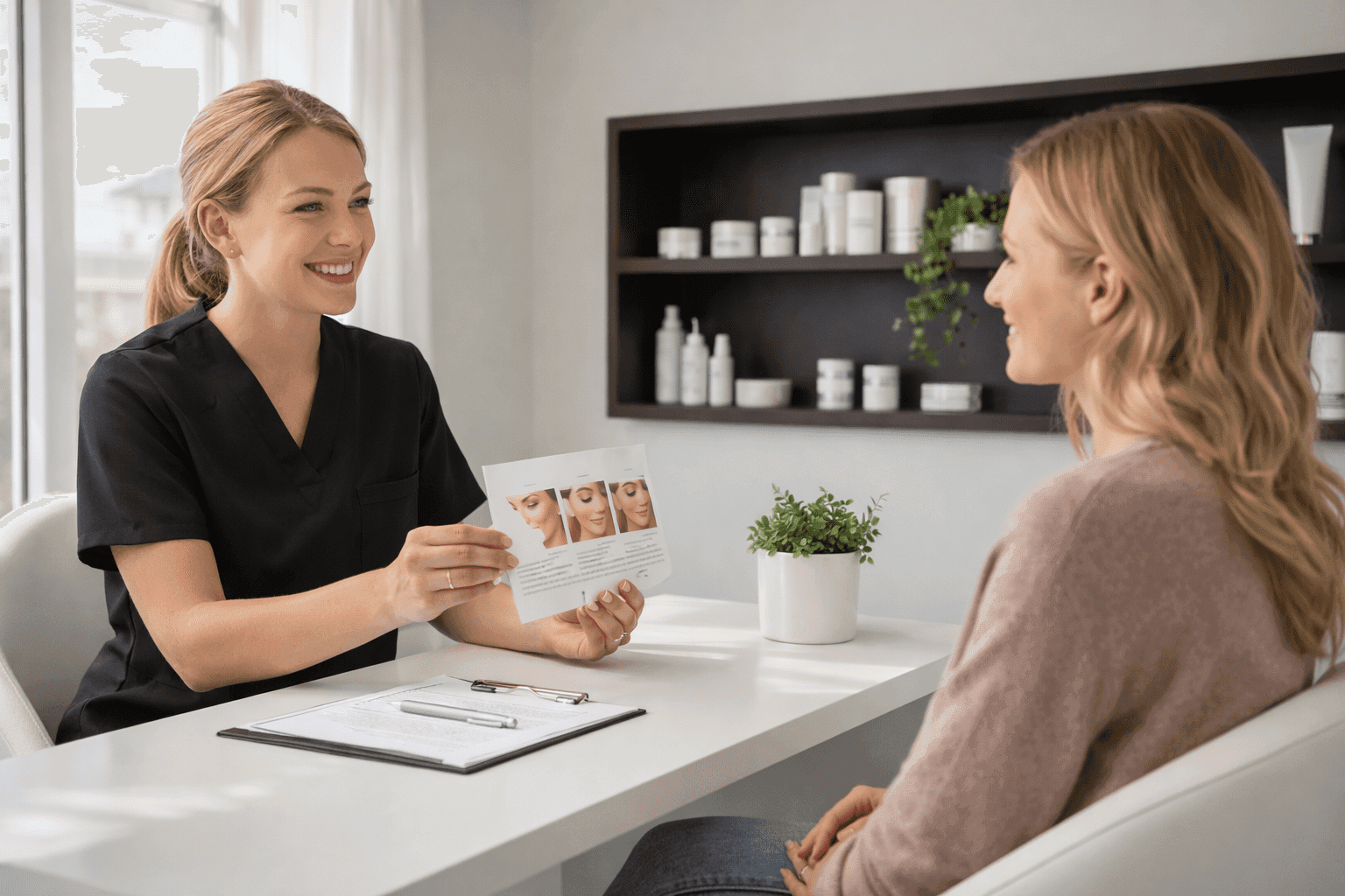 aesthetic provider showing facial treatment options during consultation