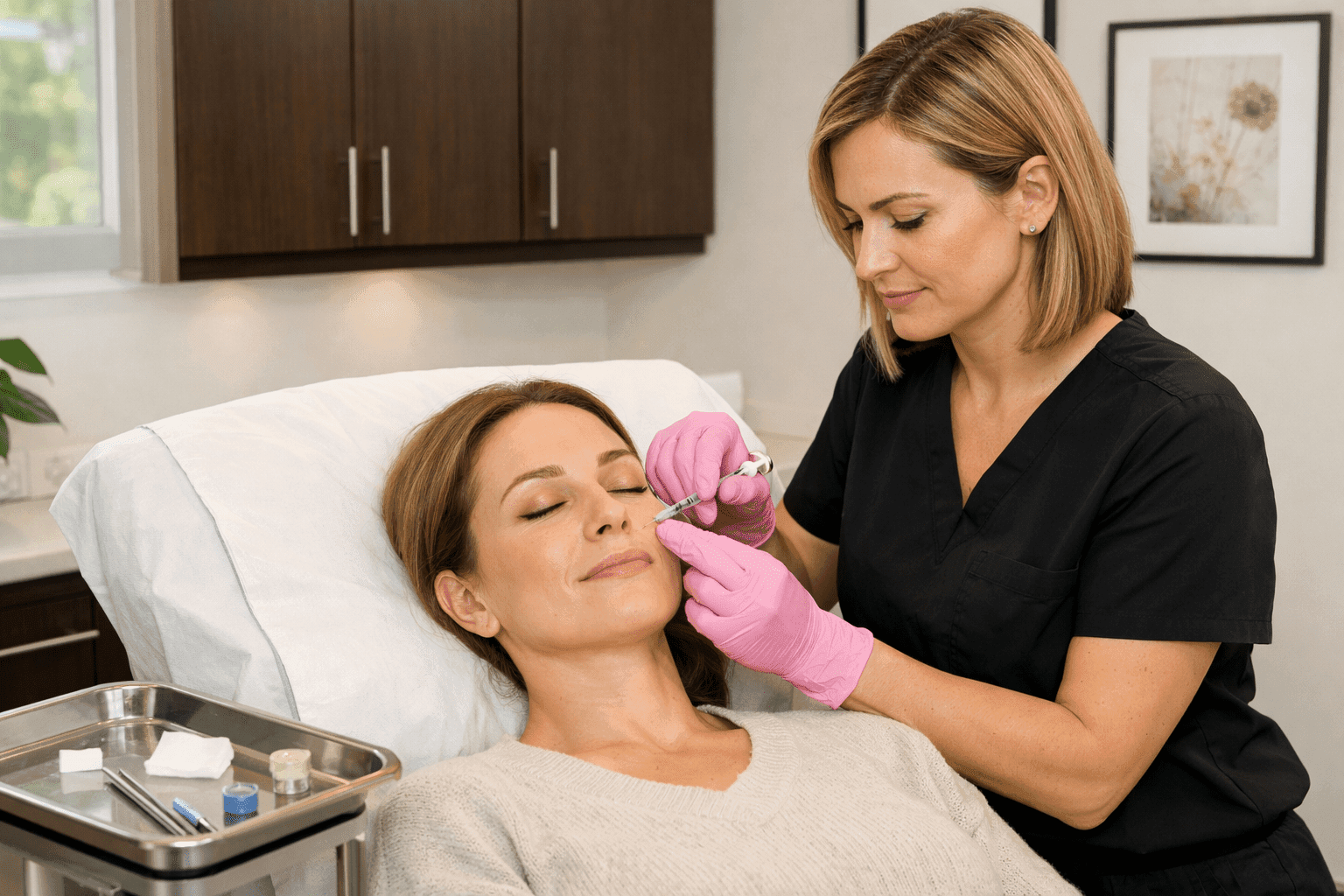 aesthetic nurse administering botox injection to reduce facial wrinkles