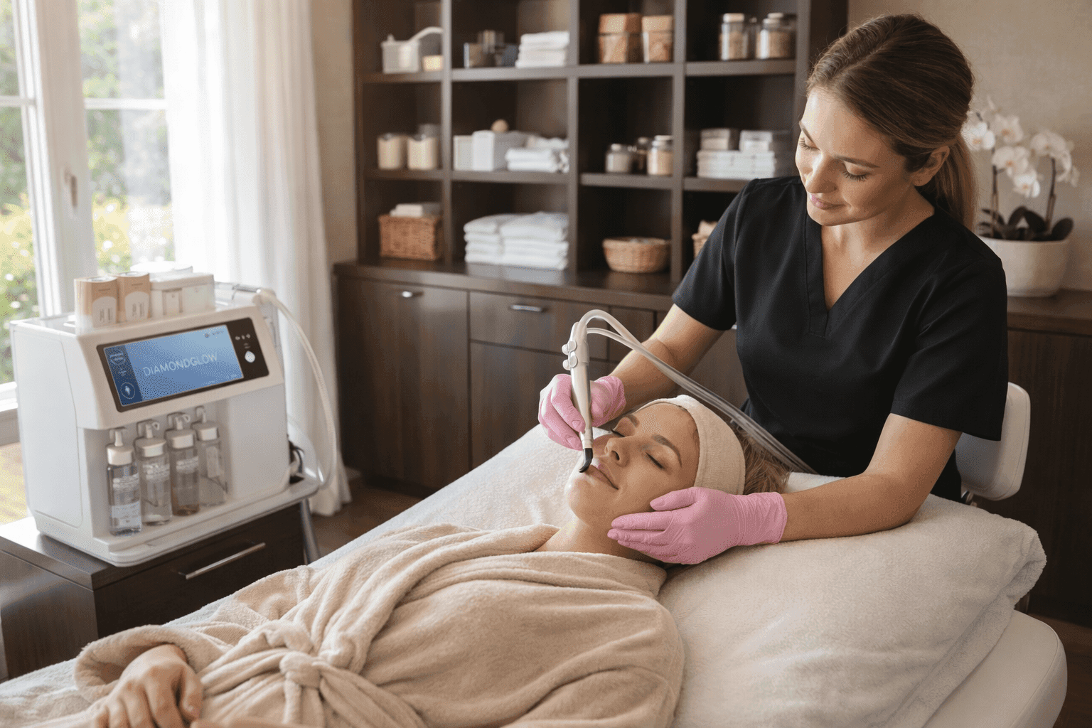 aesthetic provider performing diamondglow facial treatment with advanced device