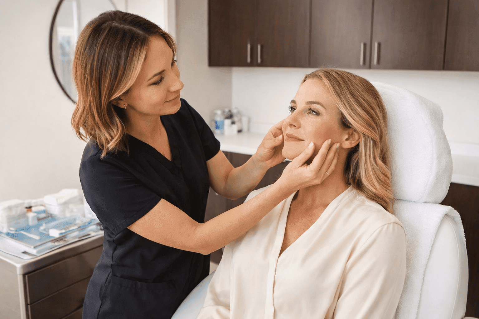 aesthetic provider evaluating patient cheeks and jawline before injectable treatment
