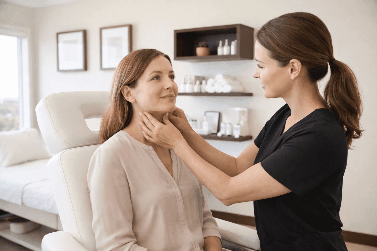 aesthetic provider evaluating patient neck and jawline during skincare consultation
