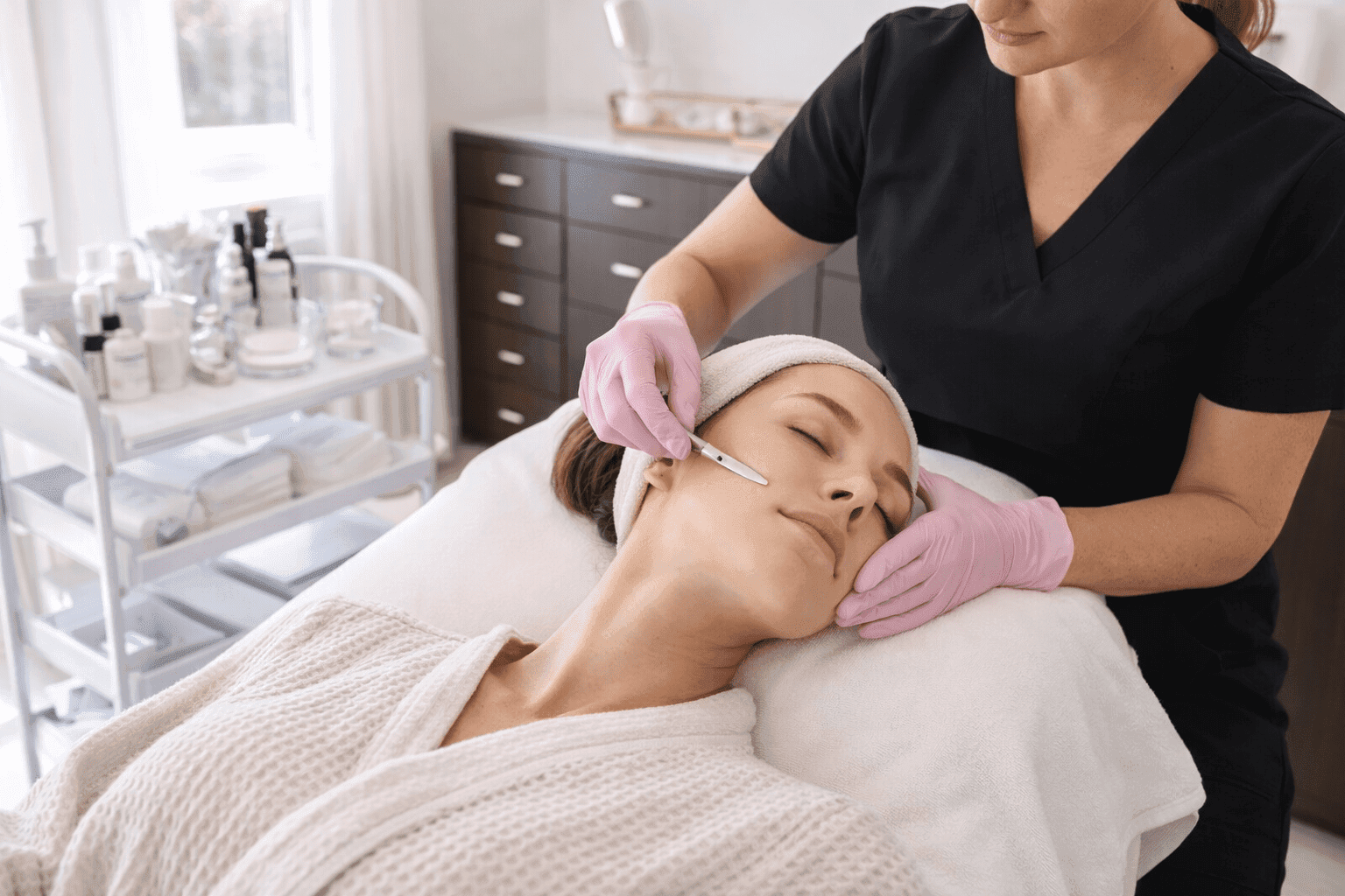 aesthetic provider examining facial structure for contouring treatment