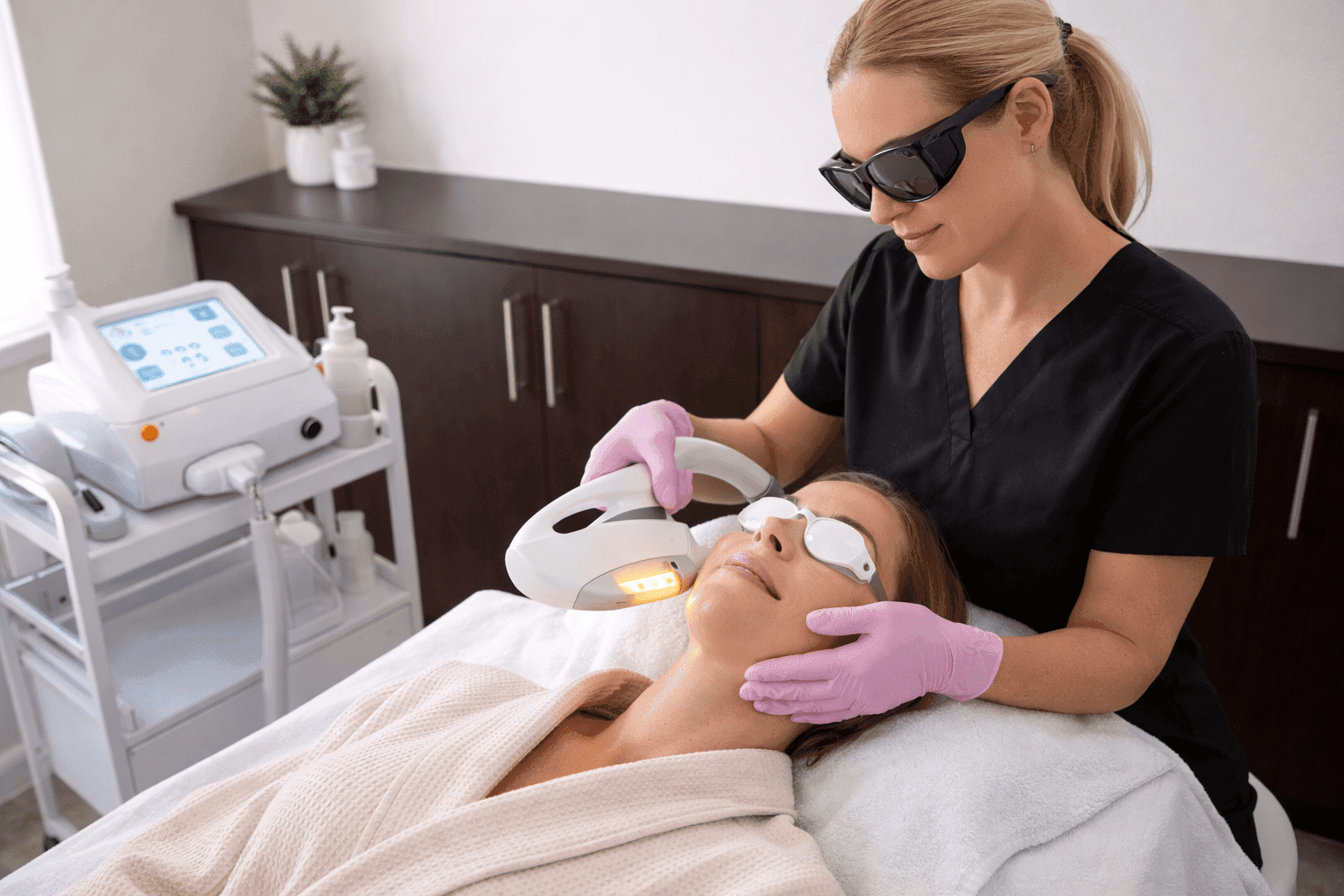provider performing laser skin treatment with protective eyewear on patient