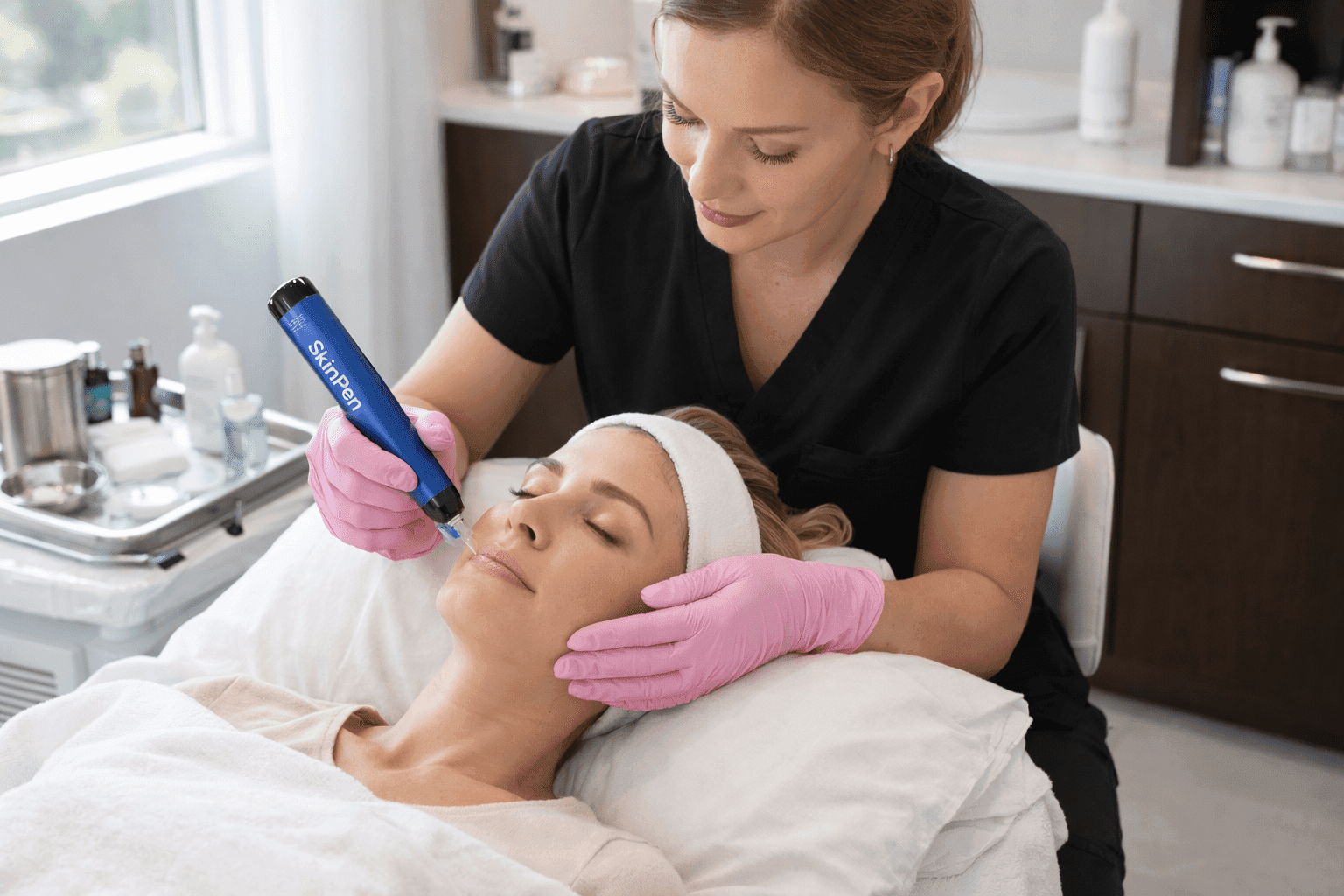 provider performing skinpen microneedling treatment on patient face