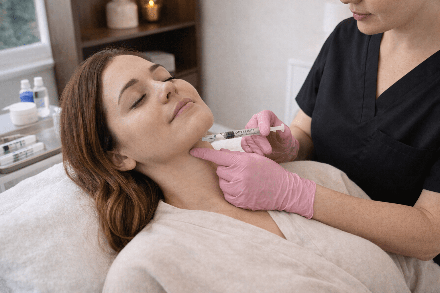 provider administering injectable filler to chin area