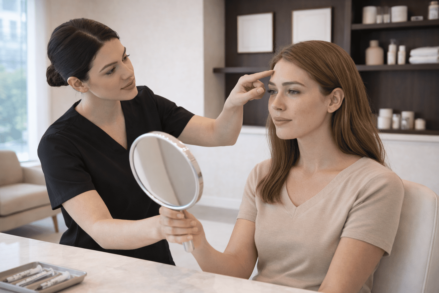 aesthetic provider assessing forehead lines during consultation