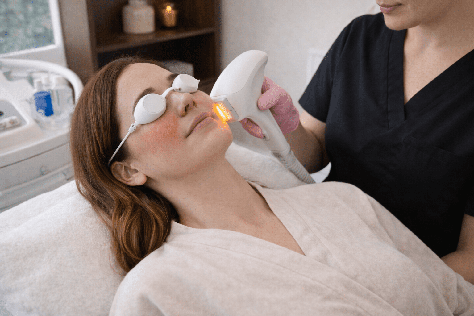 client receiving ipl light therapy treatment with protective eyewear