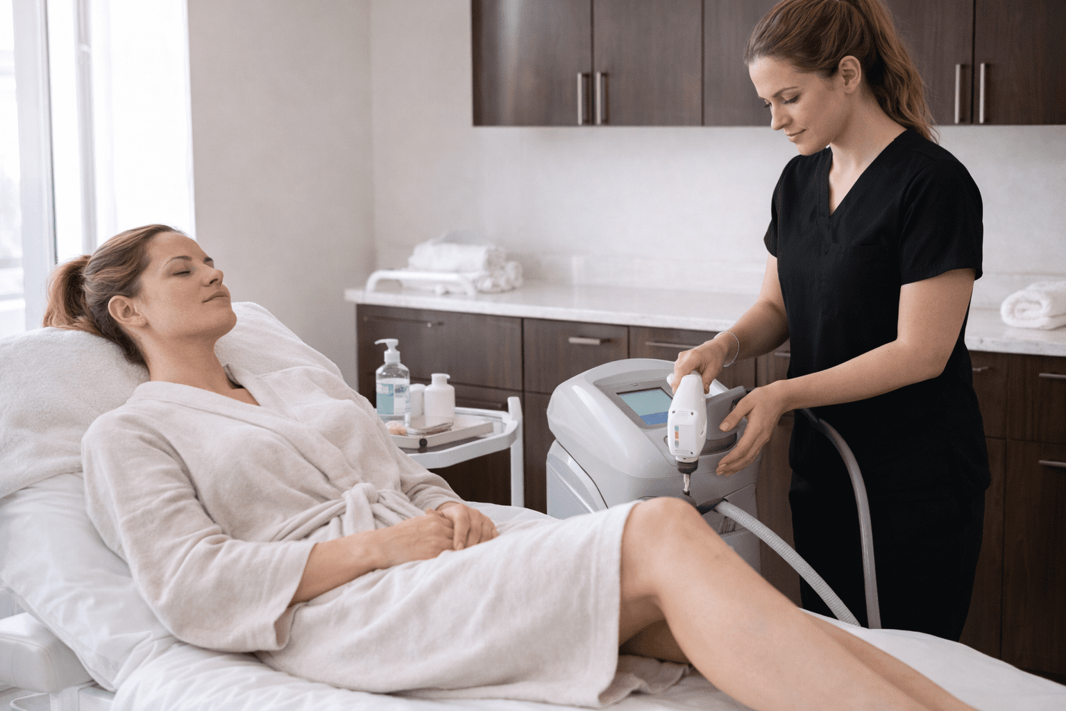 aesthetic provider performing laser skin treatment on client