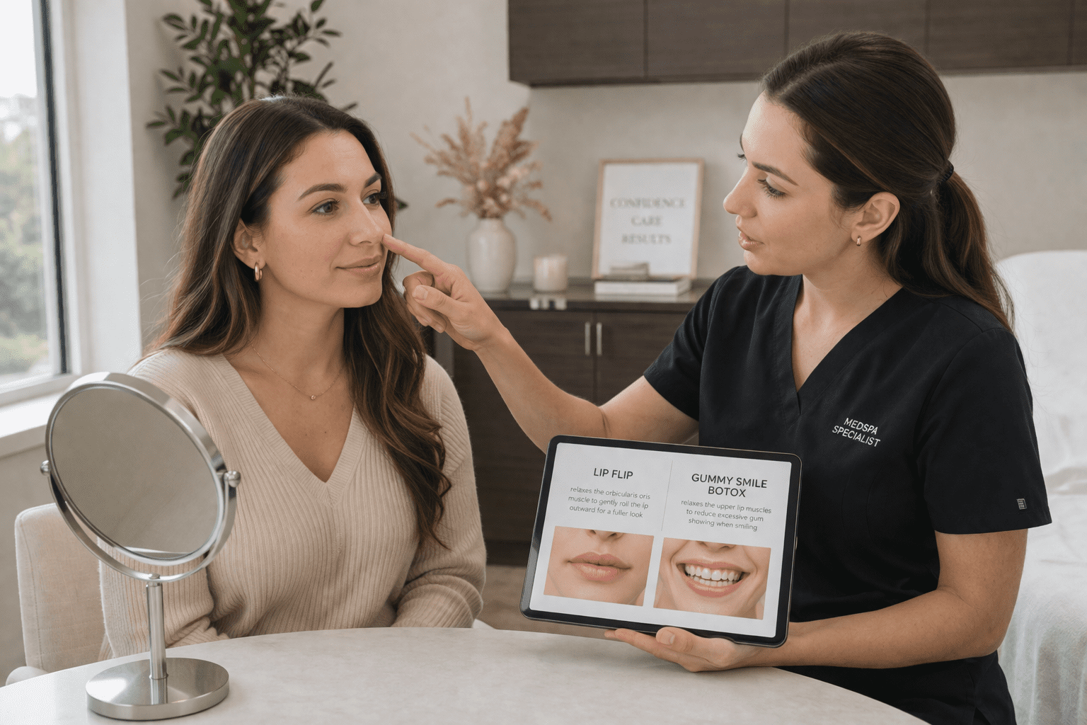 provider explaining lip flip and botox options on tablet