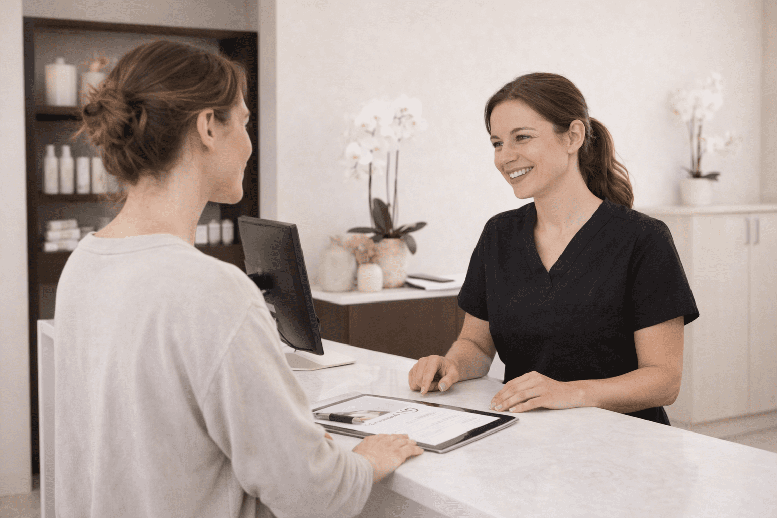 client checking in and completing intake form at med spa reception