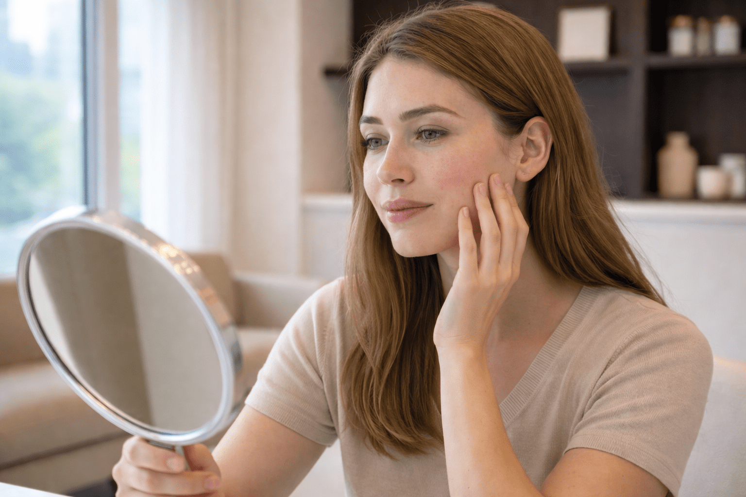 woman checking facial skin in mirror after consultation