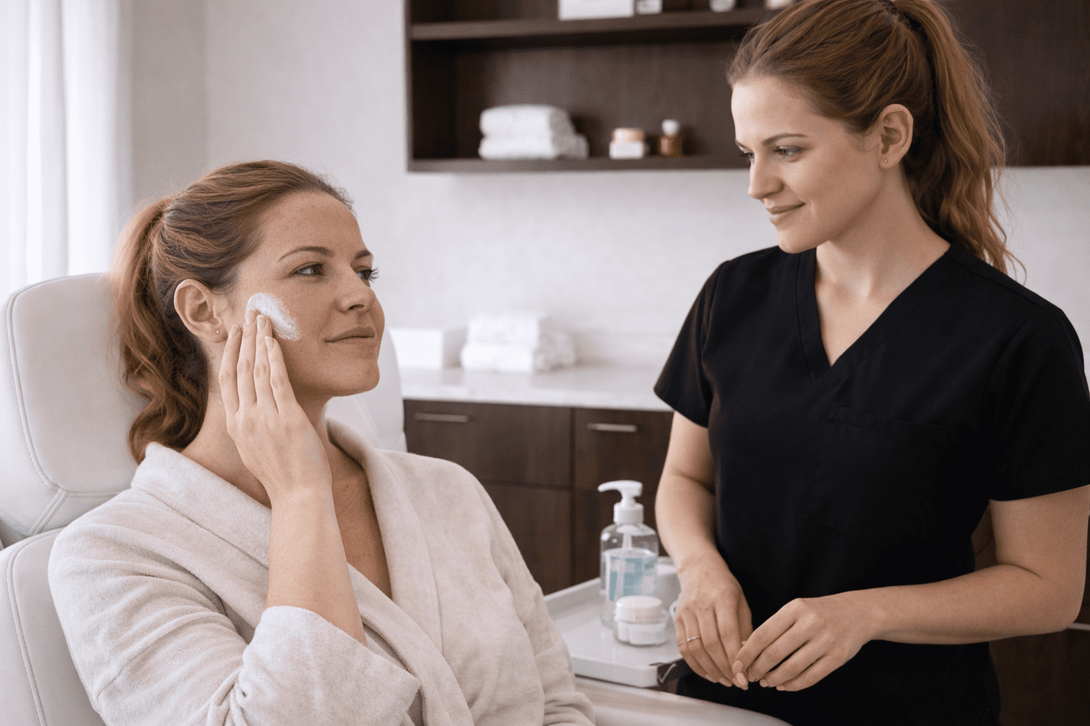 client applying skincare product with guidance from provider