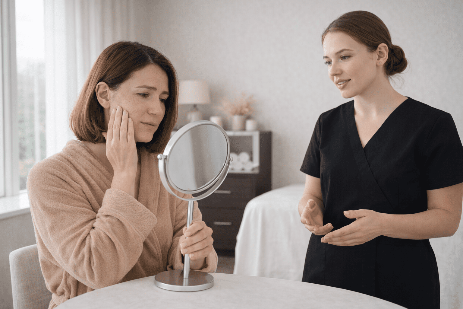 client examining facial skin while discussing concerns with aesthetic provider