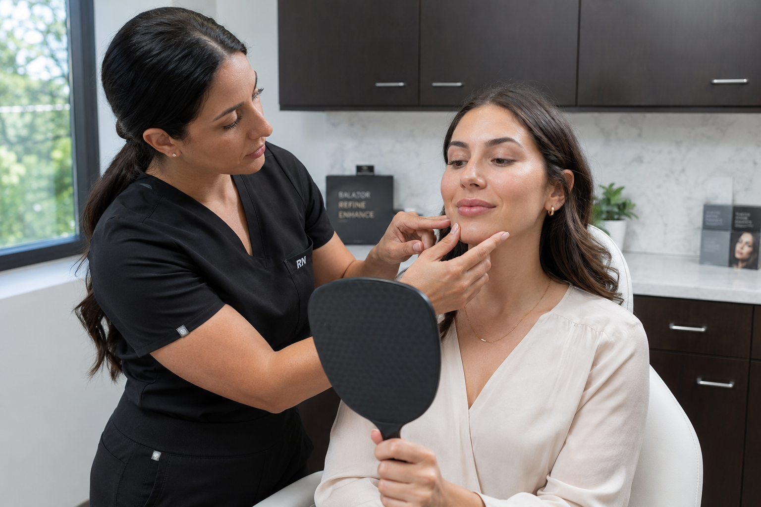 2026 06 alluradermcom facial assessment consultation v1 alluraderm md medspa - medical aesthetic provider assessing patient facial structure with handheld mirror