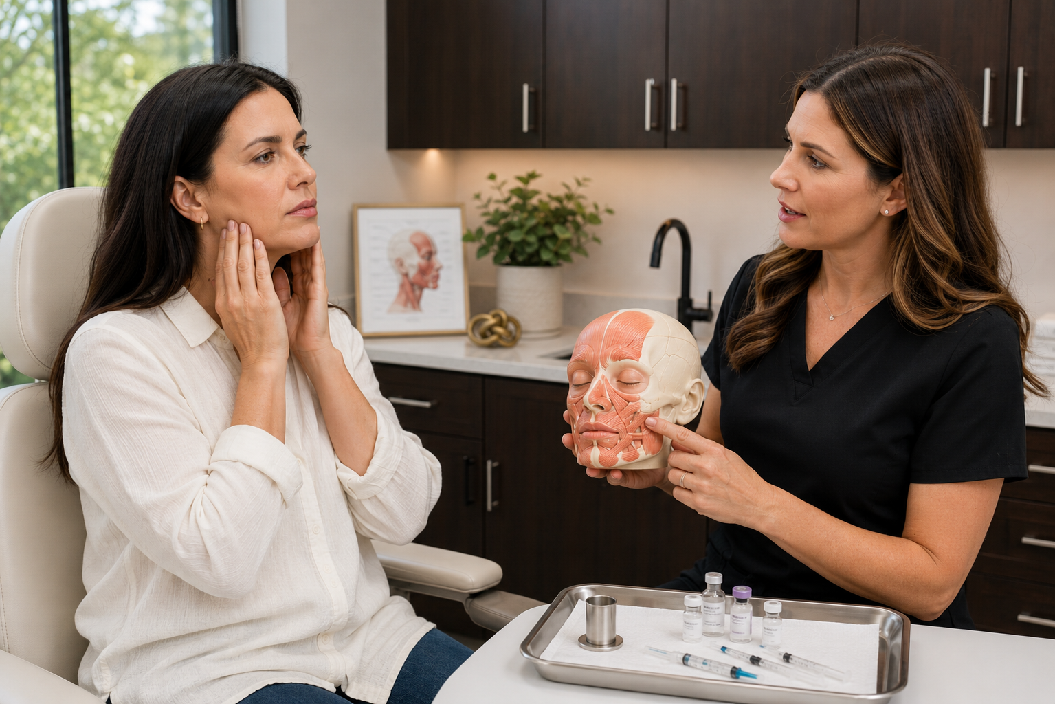cosmetic injector explaining facial anatomy and injectable treatment areas to patient