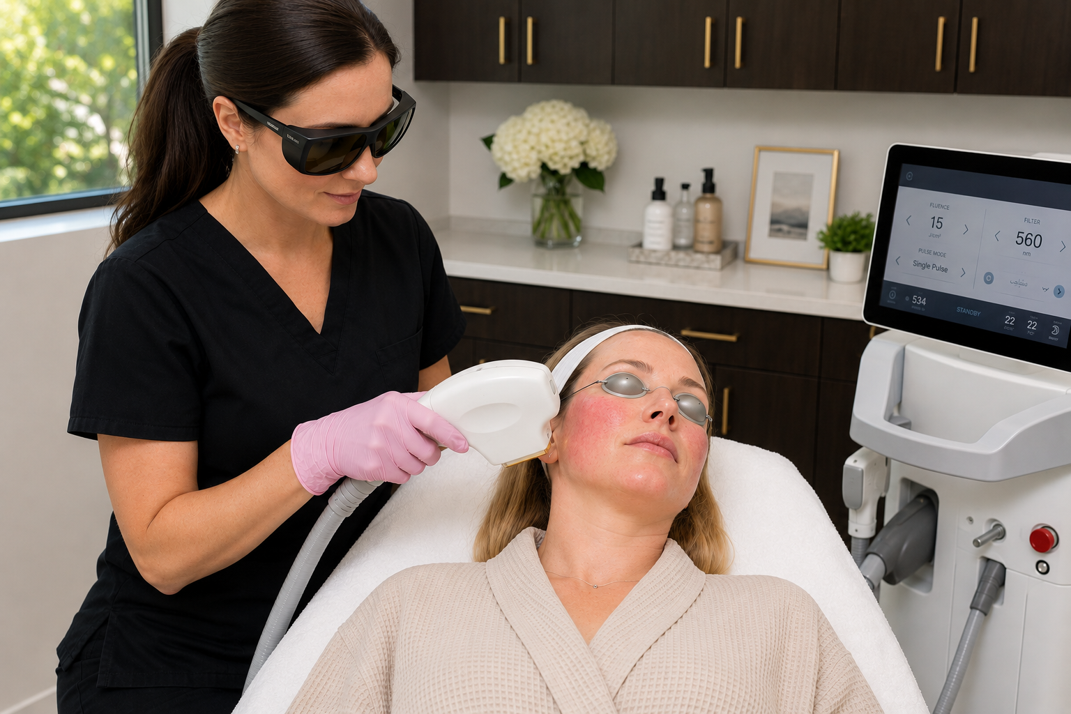 laser skin resurfacing treatment being performed on patient in med spa clinic
