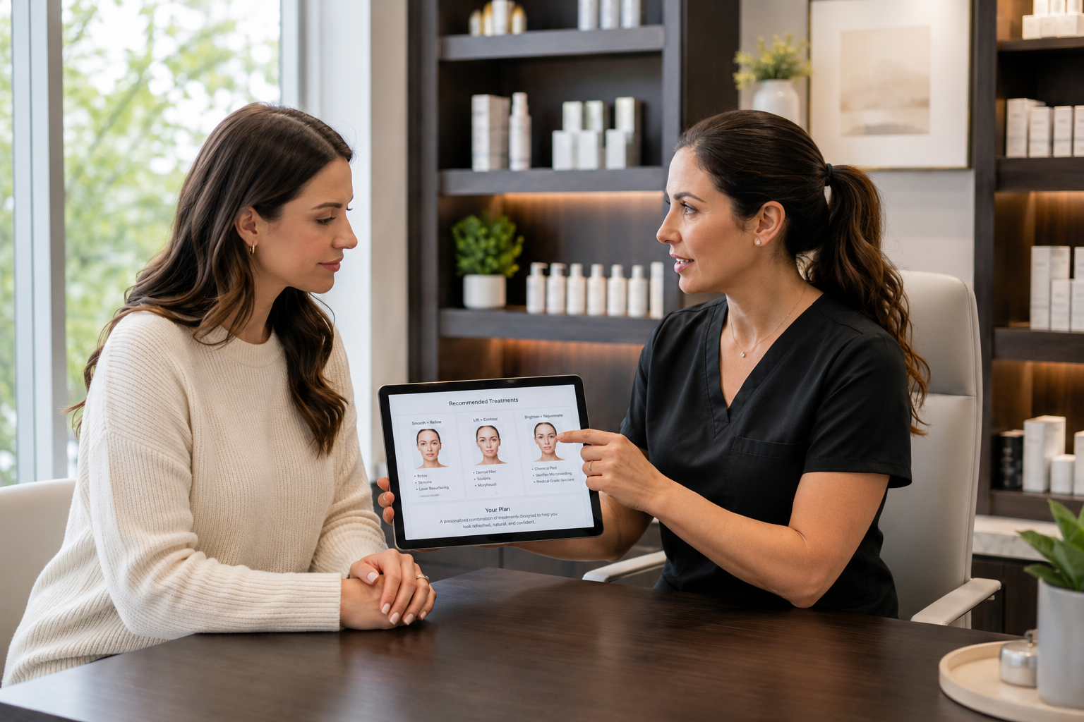 aesthetic provider reviewing personalized skincare treatment plan on tablet with patient