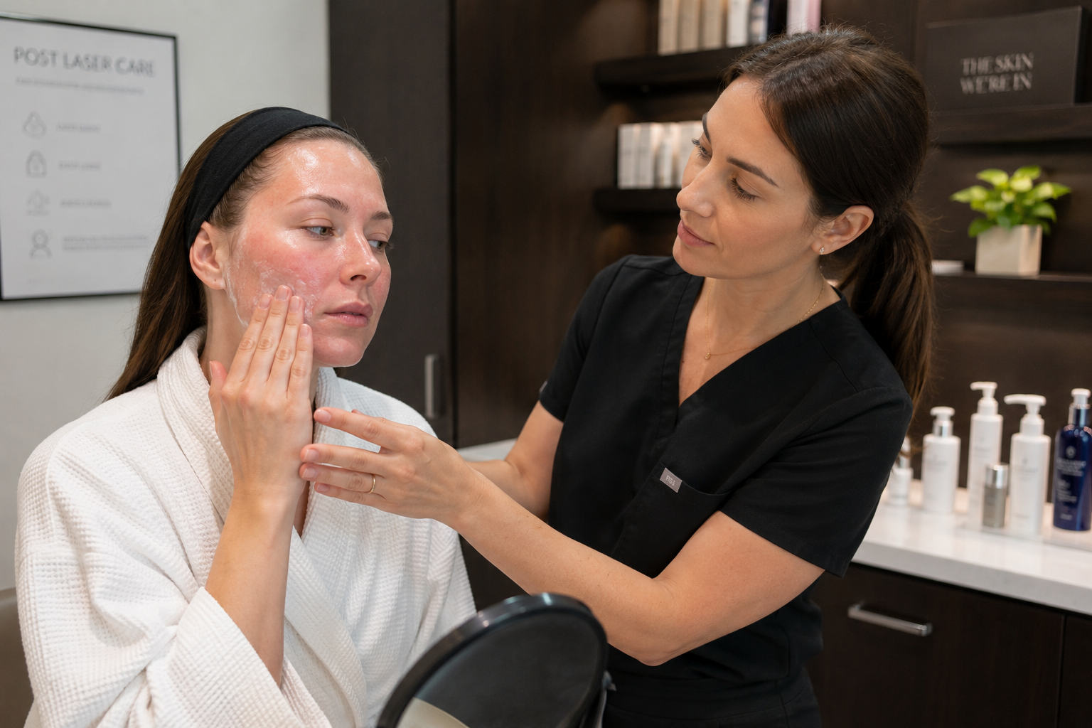 2026 06 alluradermcom post laser skincare guidance v1 alluraderm md medspa - provider explaining post laser skincare recovery routine to patient