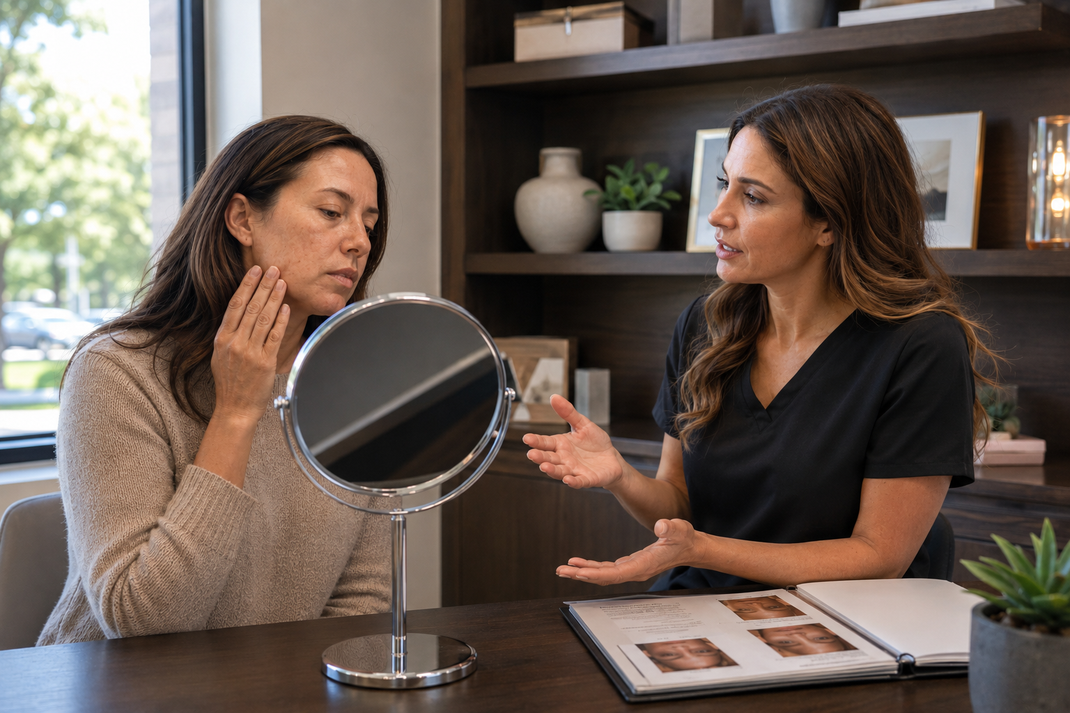 patient discussing facial skin concerns with aesthetic provider during consultation