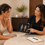 Provider reviewing body composition and wellness data with a patient on a tablet.