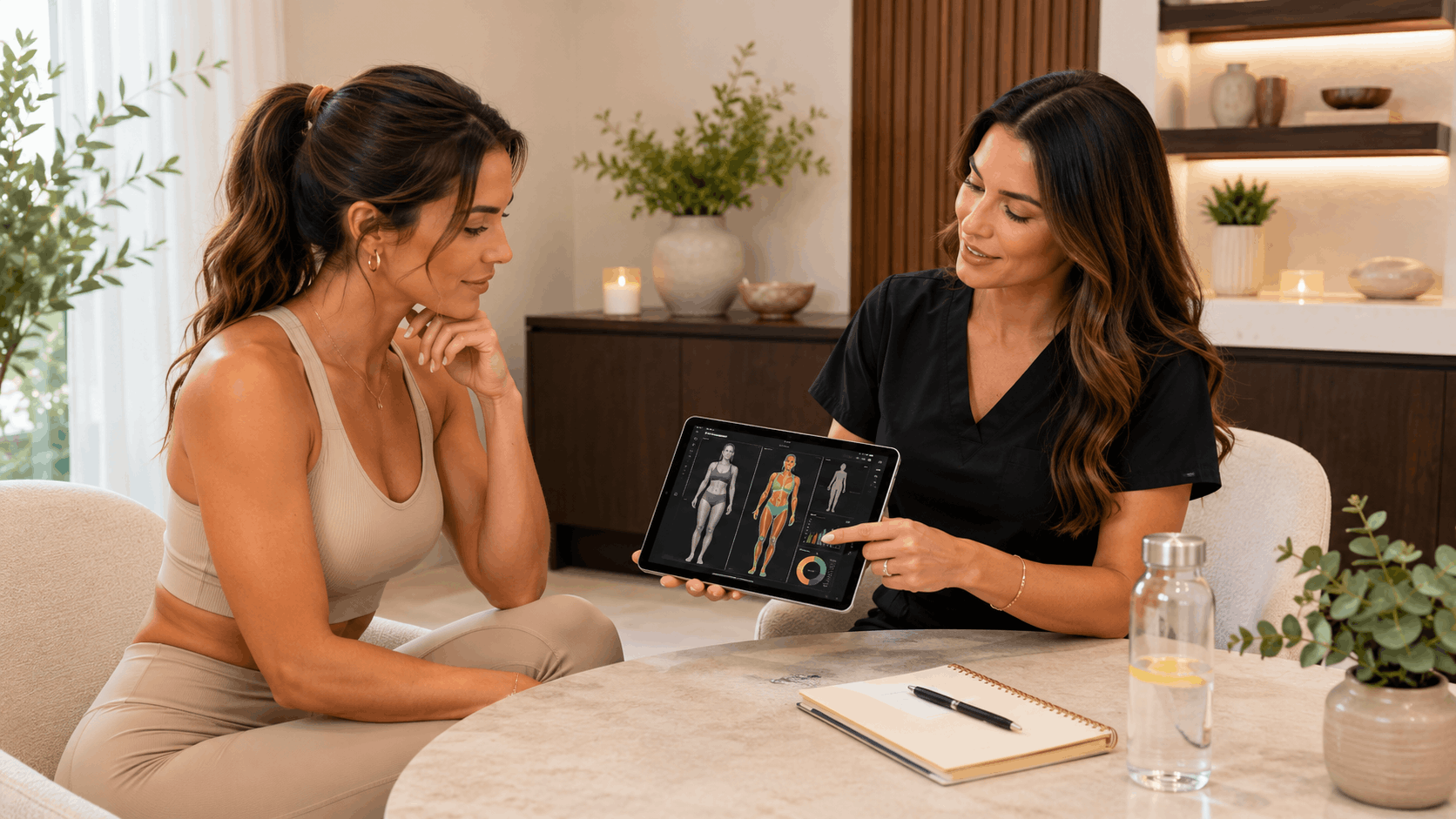 provider reviewing body composition and wellness data with a patient on a tablet.
