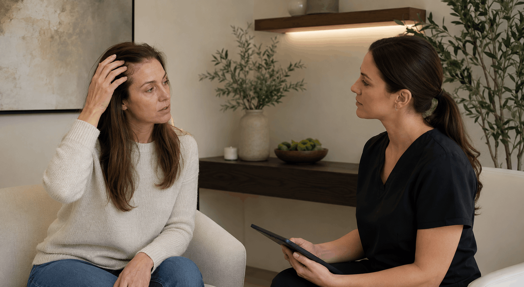 patient discussing hair thinning concerns with a provider during a wellness consultation.