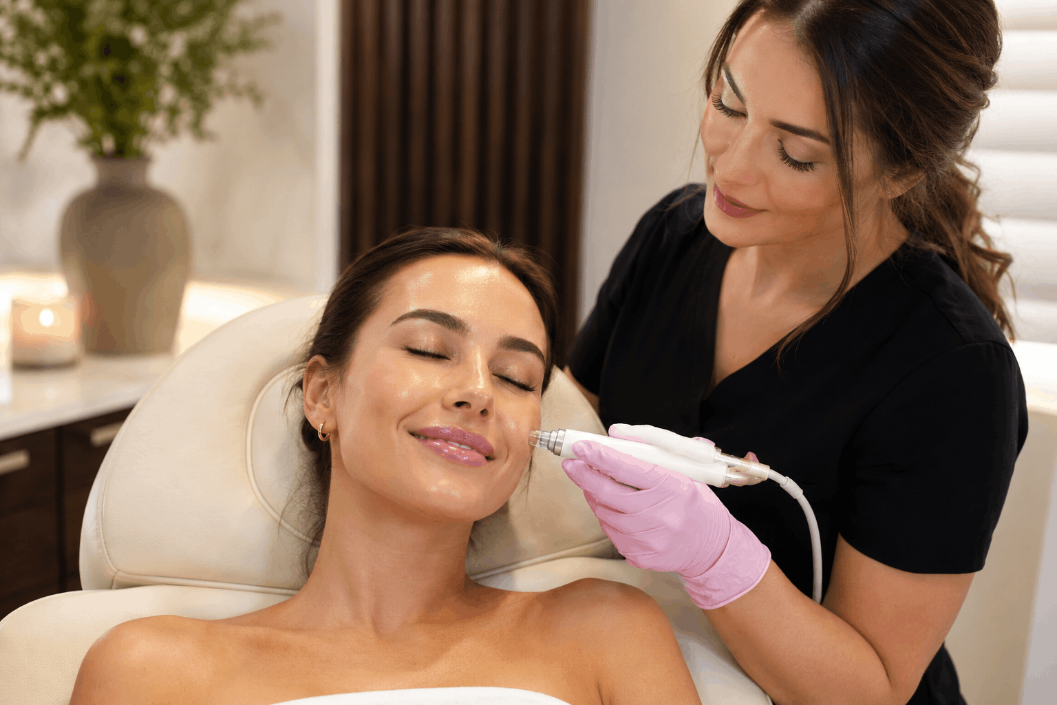 aesthetic provider performing a hydrating facial treatment using a handheld skincare device.