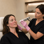 Aesthetic provider performing a laser treatment on facial redness and visible blood vessels.