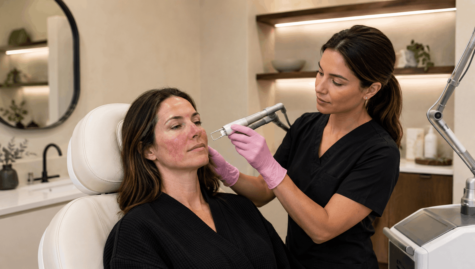 aesthetic provider performing a laser treatment on facial redness and visible blood vessels.
